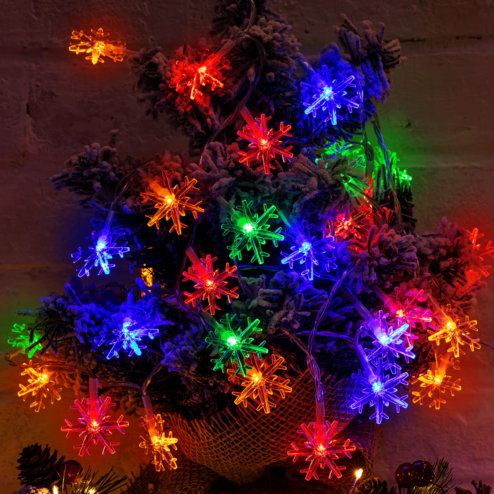 Brightown Solar Christmas Snowflake String Lights 100 LED Outdoor Waterproof Multicolor Fairy Lights 39 FT with 8 Lighting Modes