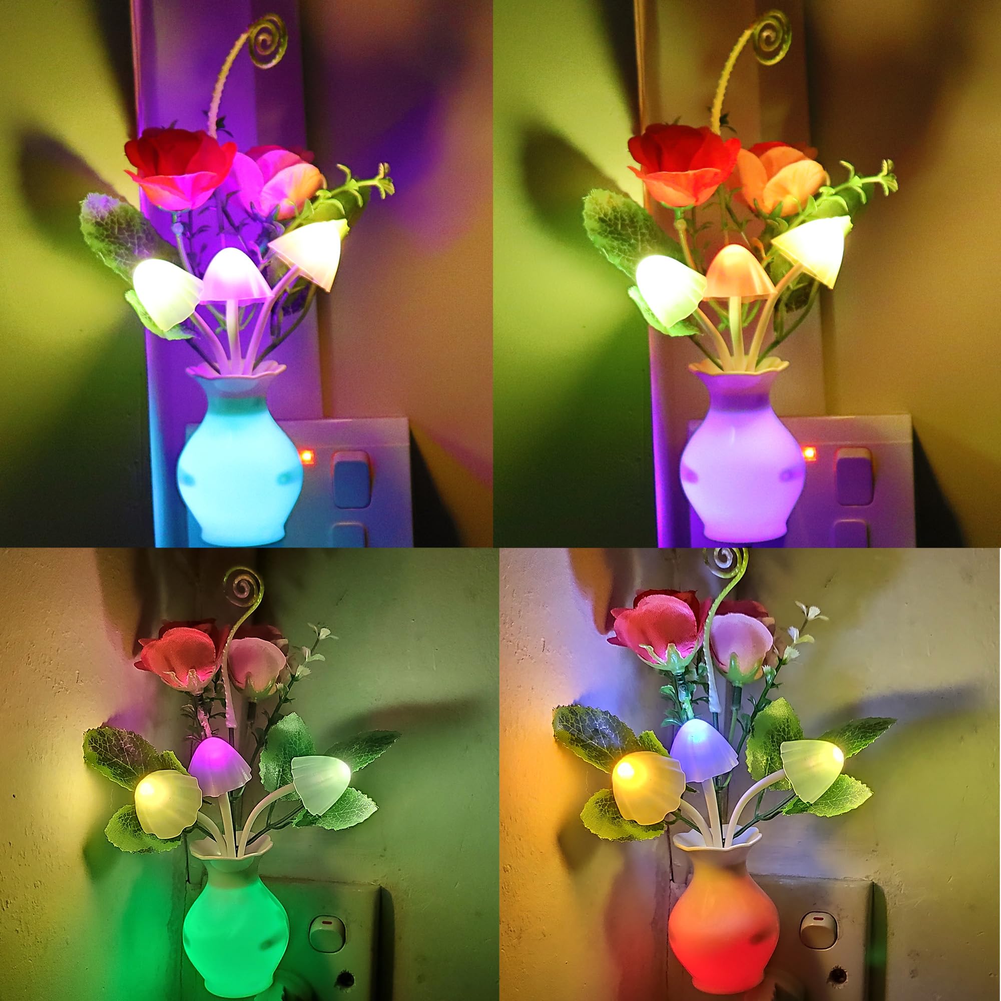 AUSAYE 4 Pack Plug in LED Night Light Sensor Light Rose Flower Decor,Energy Saving Lamp Dream Nightlight Mushroom Night Lights f