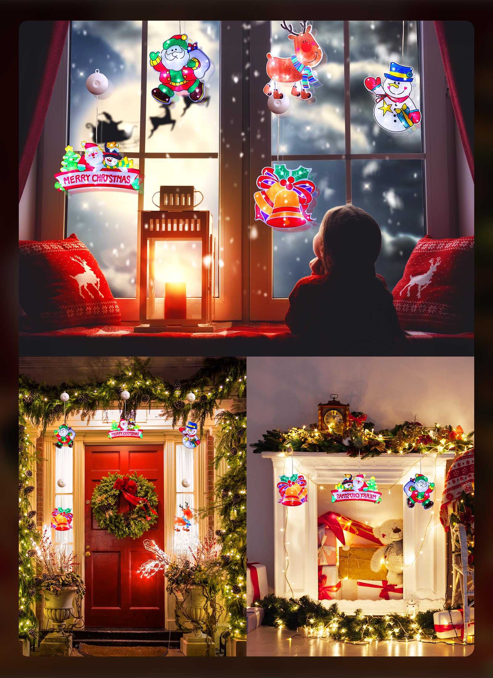 Christmas Window Lights Decorations, 5 pcs LED Lighted Christmas Hanging Lights Santa Claus Xmas Tree Bell Snowman Shaped Batter