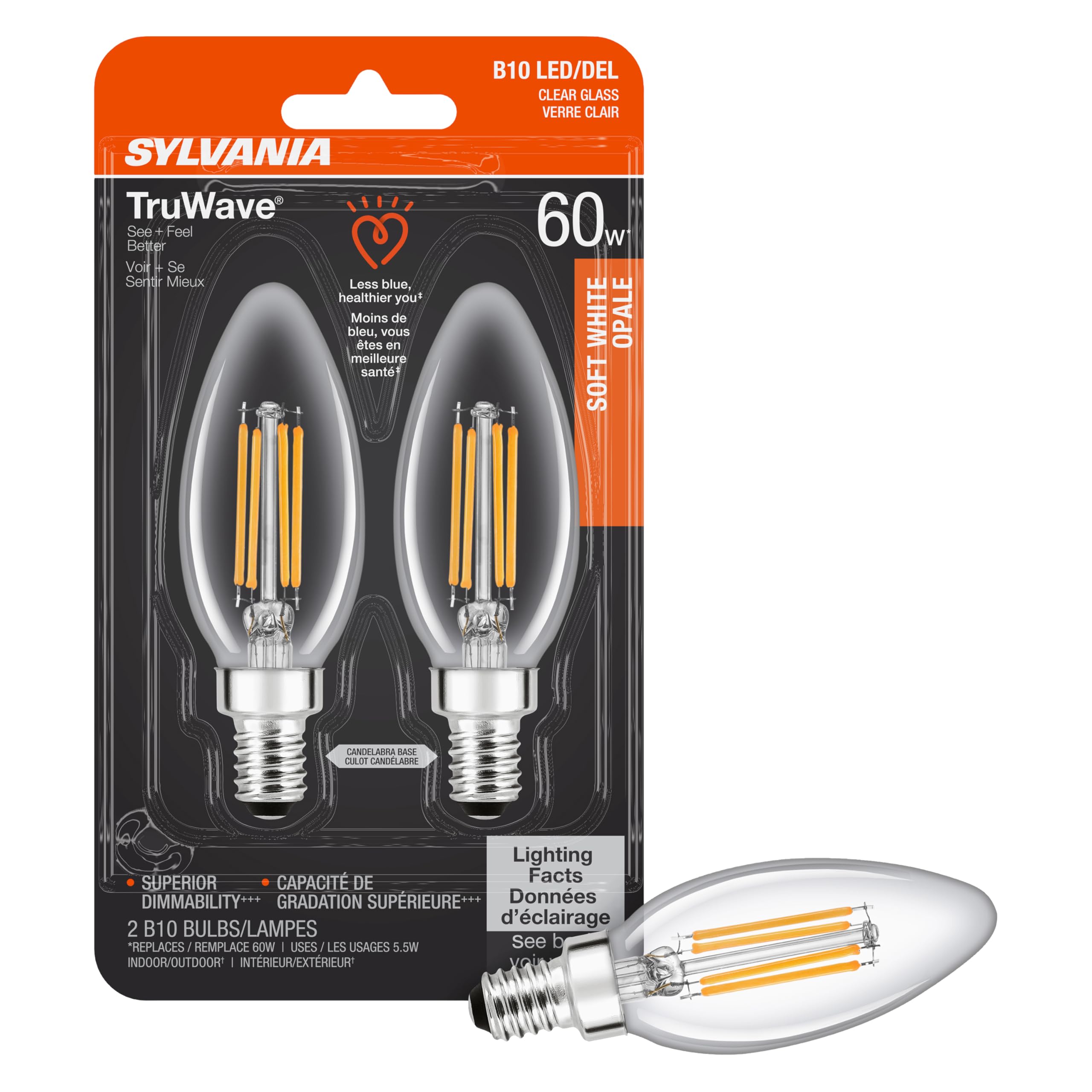 Sylvania Led Truwave Natural Series D  Cor B10 Light Bulb, 60W Equivalent Efficient 5.5W, Candelabra Base, Dimmable, Clear 2700K