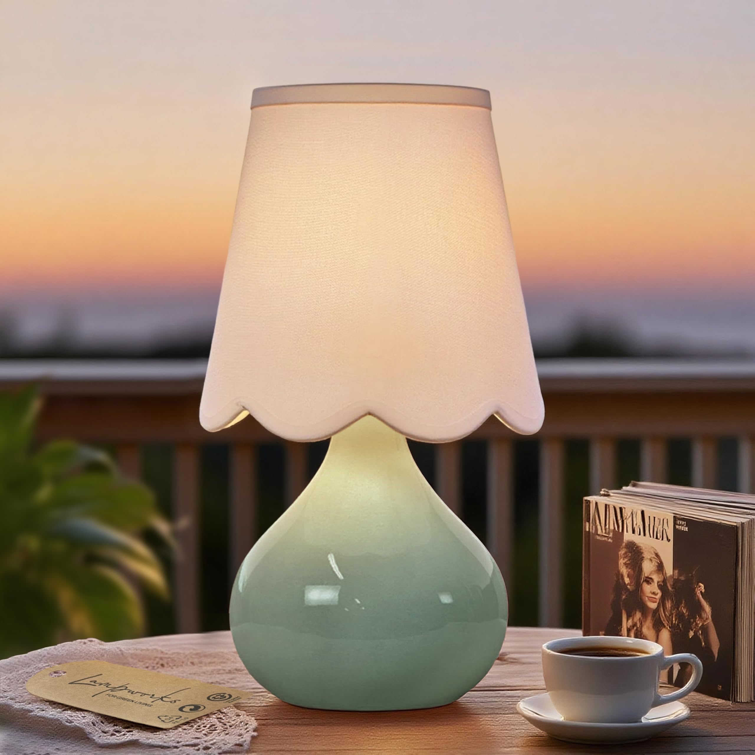 Lampworks 14H Cordless LED Ambient Table Lamp  Rechargeable Ceramic Bedside Lamp with 3-Level Dimmable Soft Lighting  Linen Shade  Cozy Room Decor for Teens (Green)