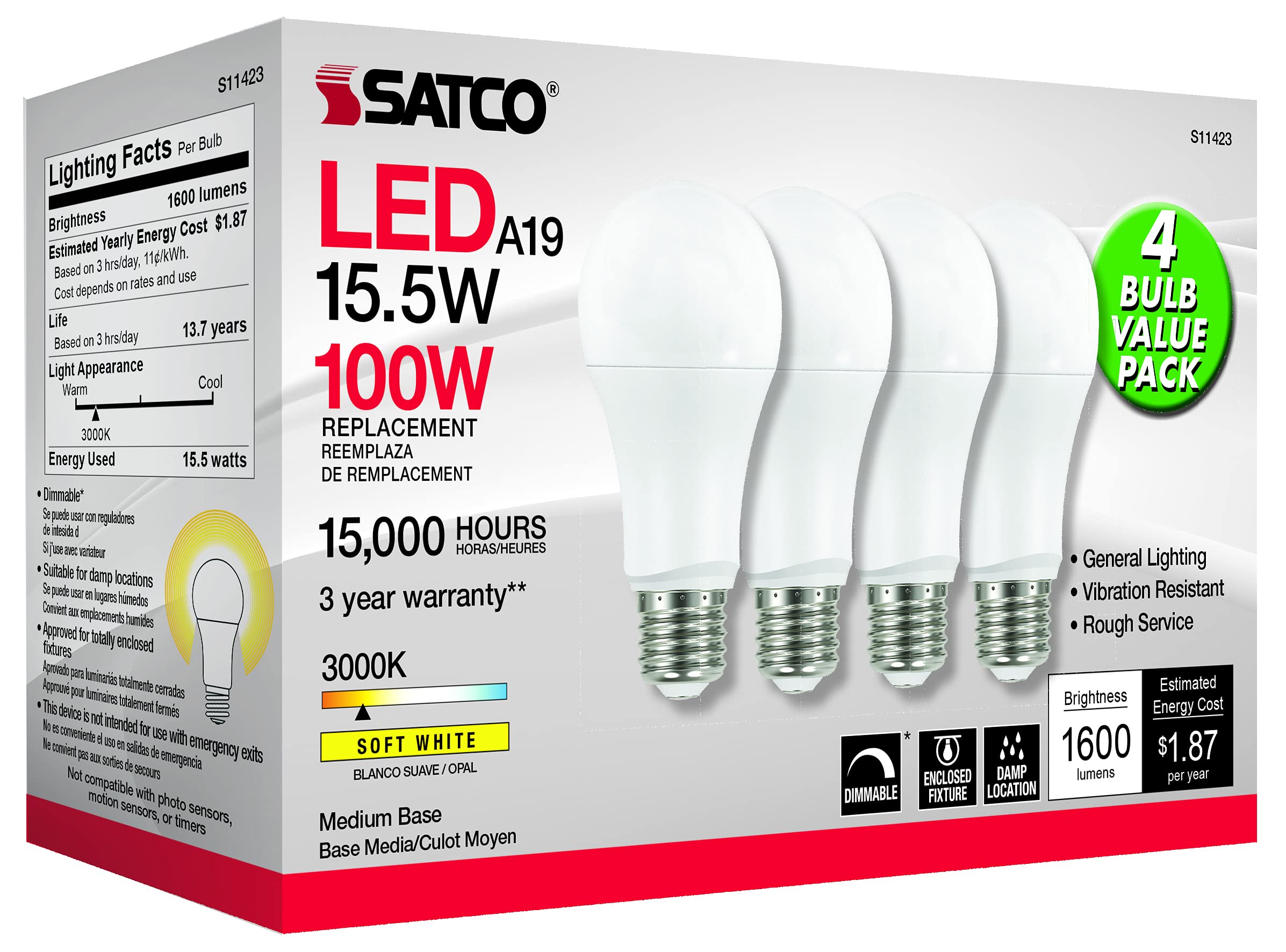 Satco A19 LED Light Bulbs, 15.5W, 1600 Lumens, 3000K, E26 Medium Base, Model S11423-6, Pack of