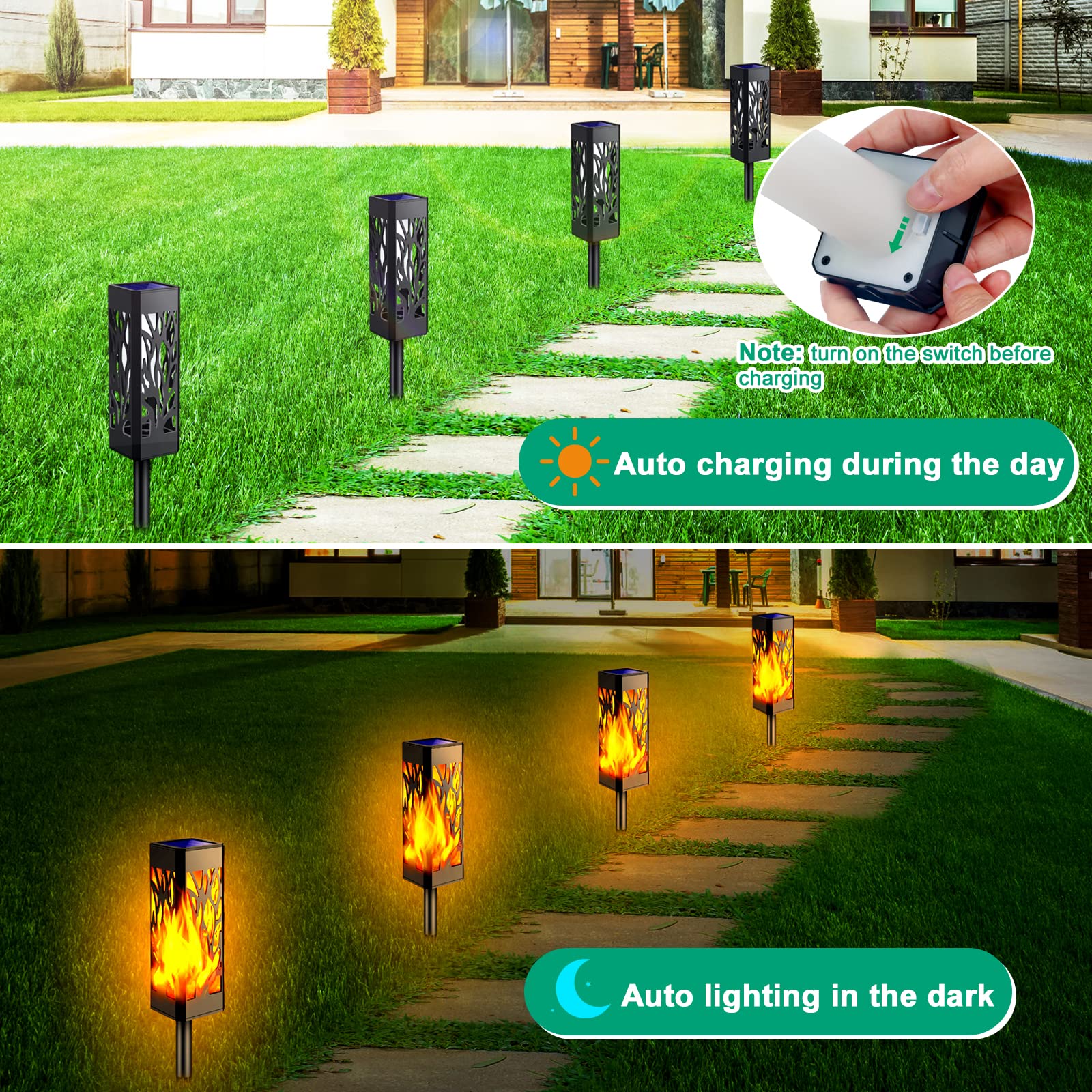TomCare Solar Lights - Outdoor Flickering Flames, Waterproof Plastic, Yellow, Solar Powered Garden Torch Lights for Yard and Patio