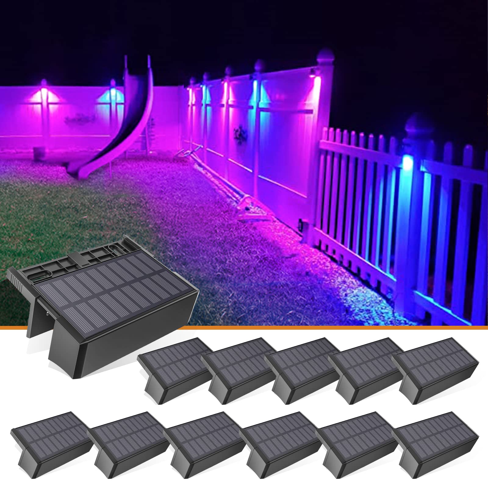 VOLISUN Solar Fence Lights, 12-Pack, Waterproof LED, 1800mAh, 7 Colors + Warm White, Model 21113ZM