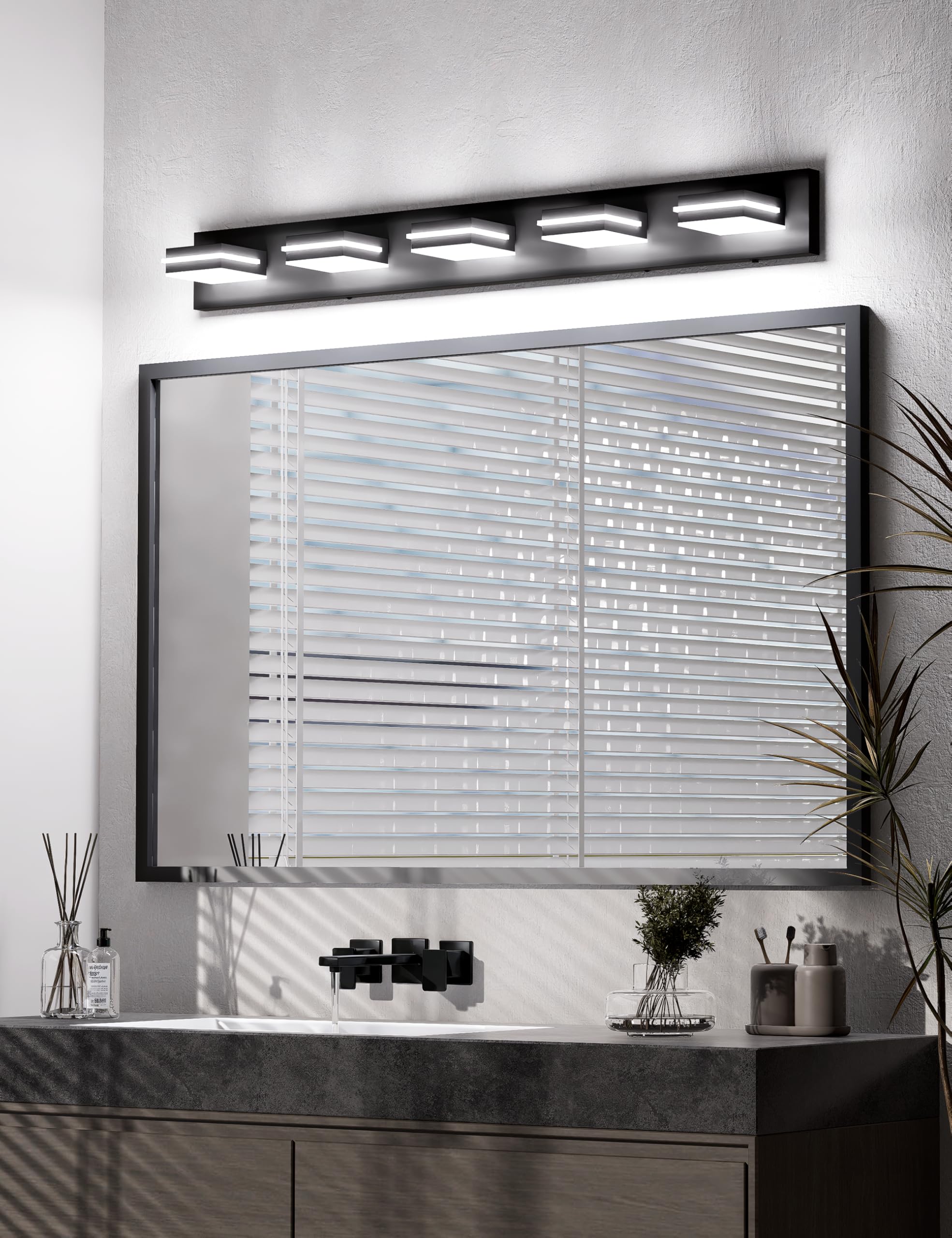 VOLISUN 5-Light Bathroom Vanity Light Fixture, 40-Inch, Black LED, 360° Rotatable, Acrylic, Model 9553F, 6000K