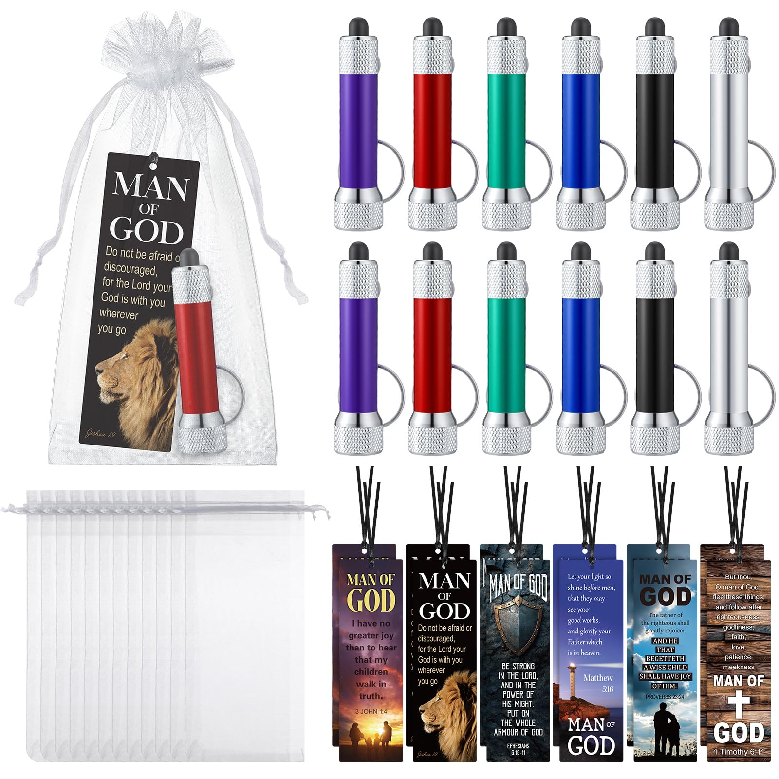 Tujoe 36Pcs/12 Set Man of God Christian Gifts Bulk Man of God Fathers Day Set 12 LED Lights 12 Bible Verse Cards 12 Bags for Religious Church VBS Sunday School Fathers Day Gift