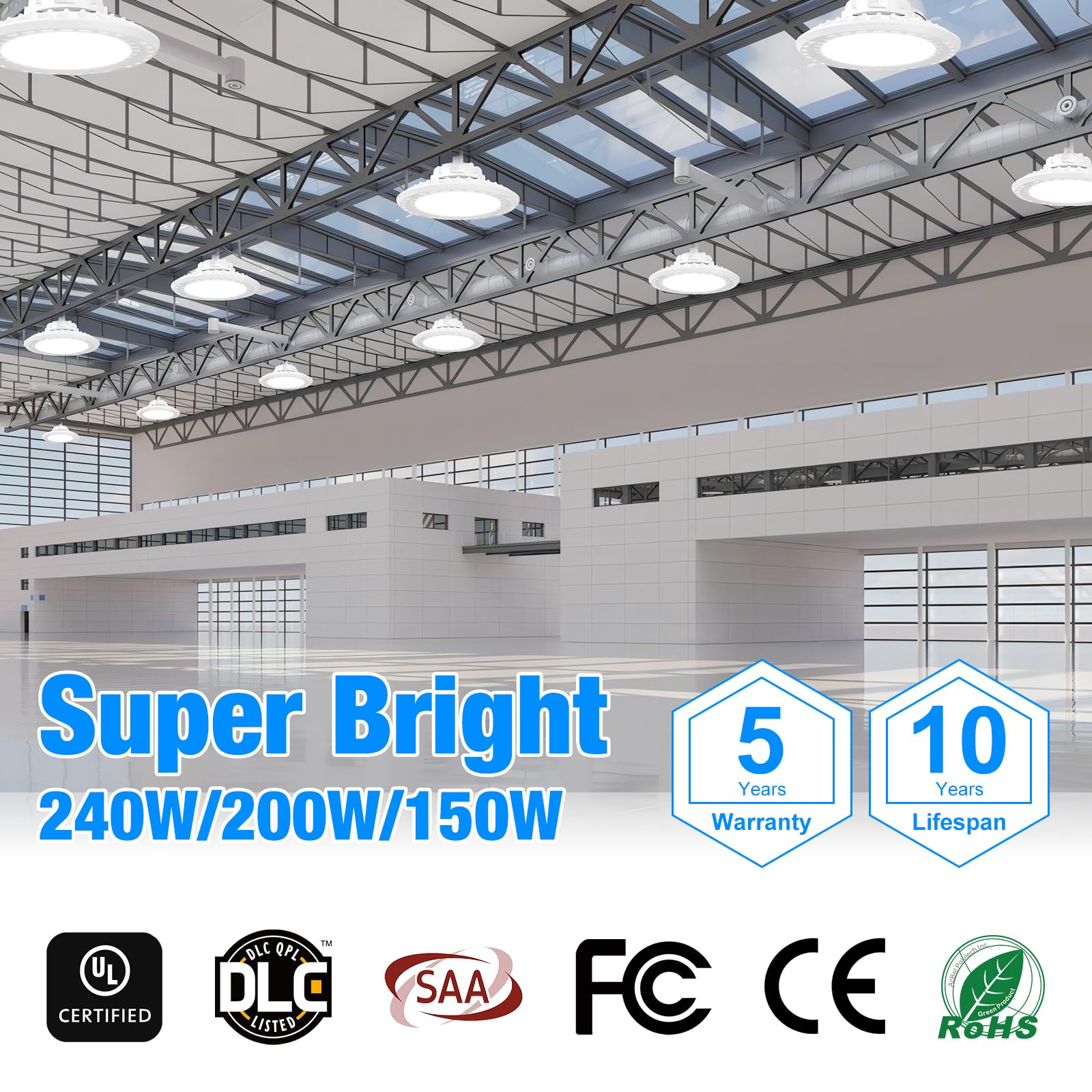 G Gjia High Bay Led Shop Lights For Warehouse Barn Factory, 5000K Daylight, 240W, 36000Lm, 100-277V, Dimmable 0-10V, Waterproof,