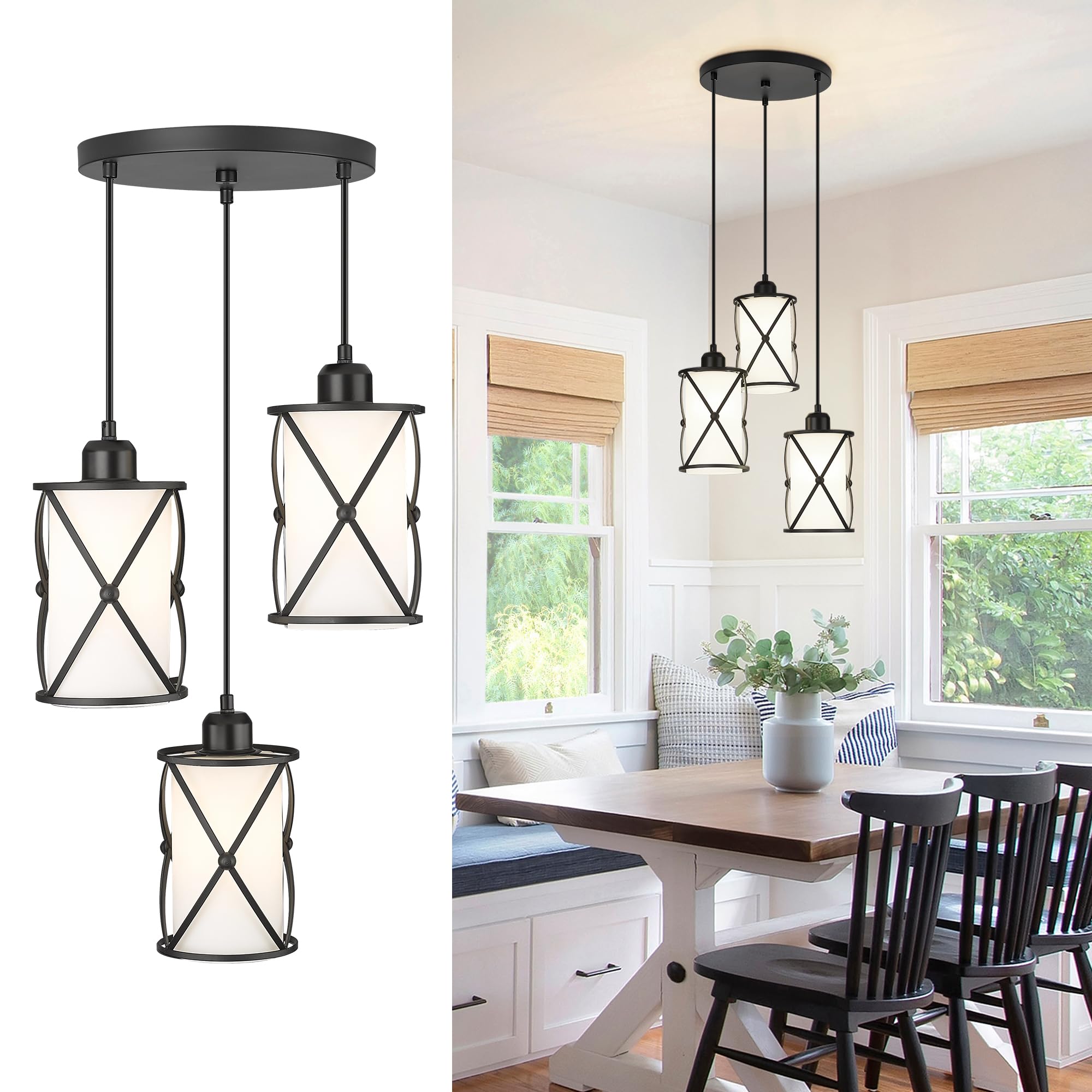 Osimir 3-Light Black Chandelier With Frosted Glass For Dining Room & Kitchen Island