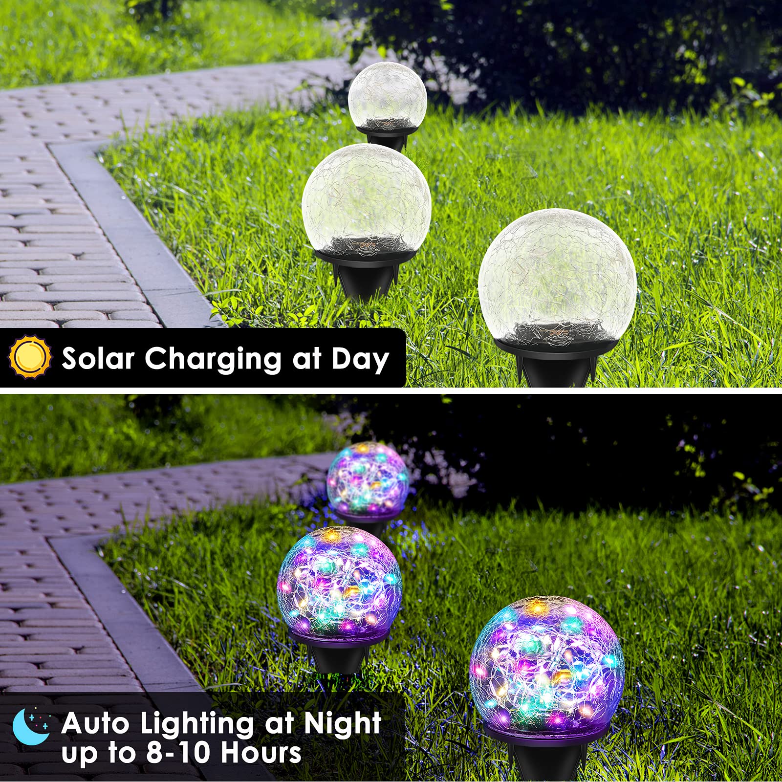 Keevvon 2 Pack 60 Led Garden Solar Lights Outdoor Decorative, Colored Cracked Glass Solar Globe Lights, Upgraded Waterproof Mult
