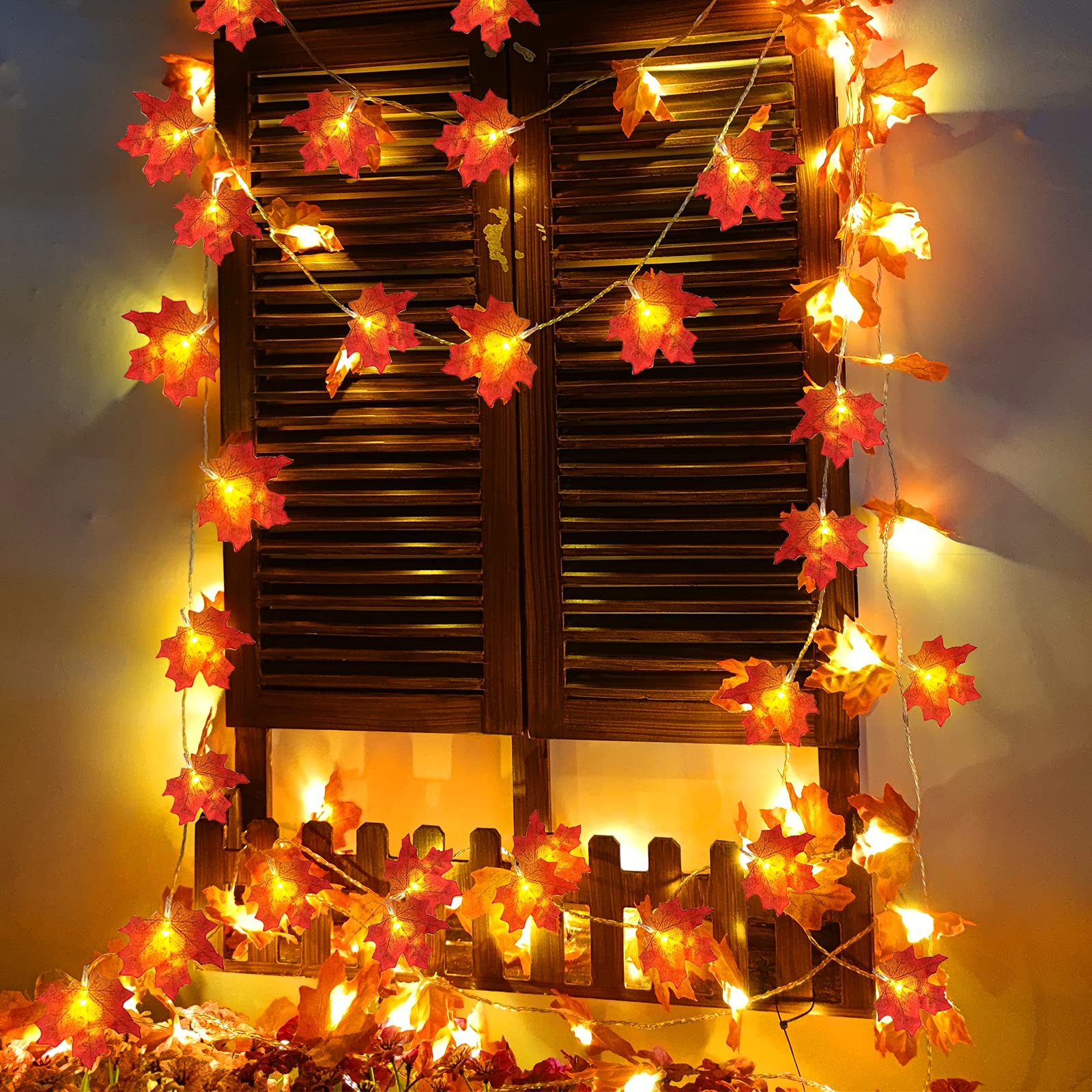 TURNMEON Thanksgiving Decorations 2 Pack Fabric Cloth Maple Leaf Garlands 20Ft 40LED White Waterproof Indoor Outdoor