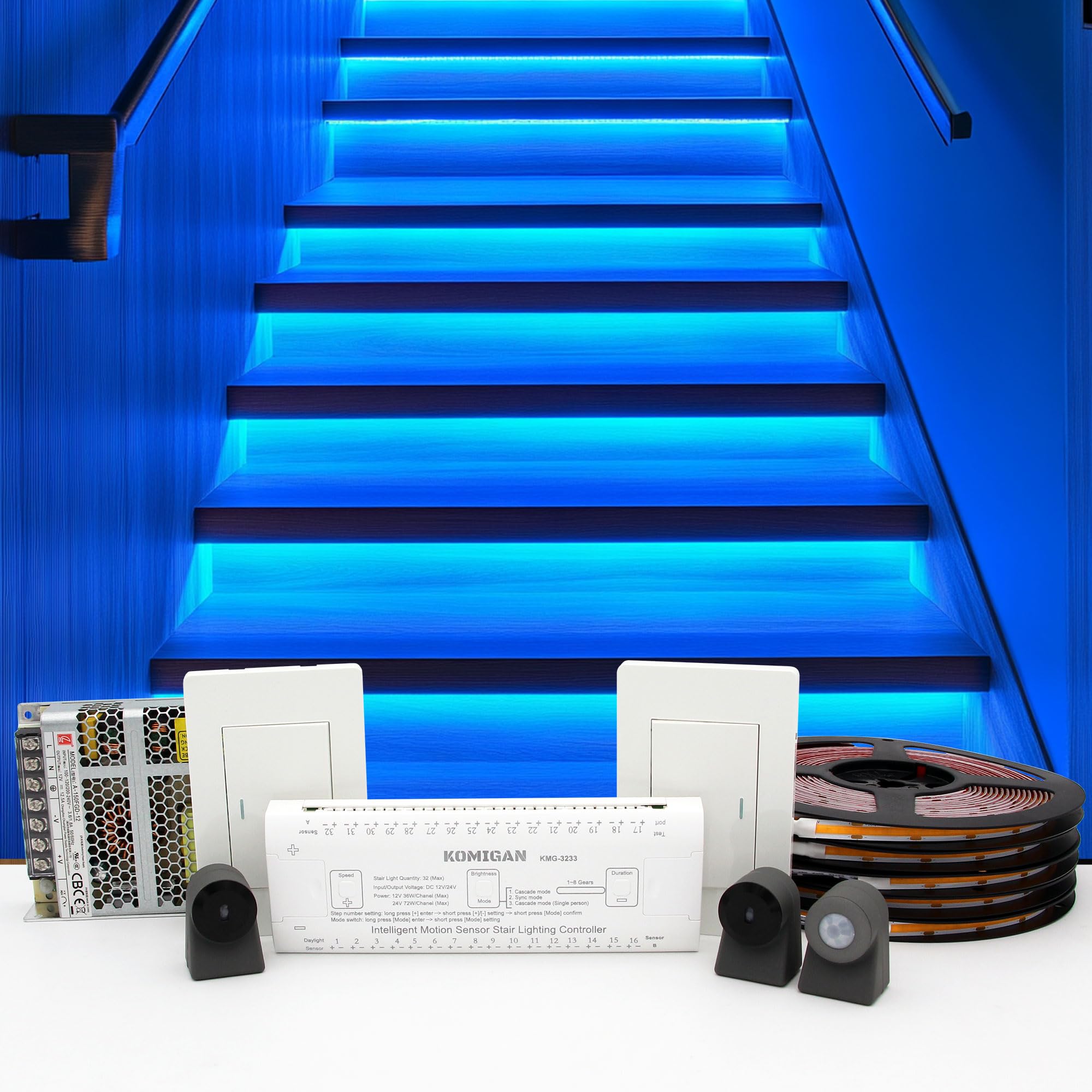 Komigan Intelligent Motion Triggered Led Stair Lighting Kit Kmg-3233  40 Cuttable Led Strip Light For Indoor Led Stair Lights (Ice Blue Color  16 Stairs)