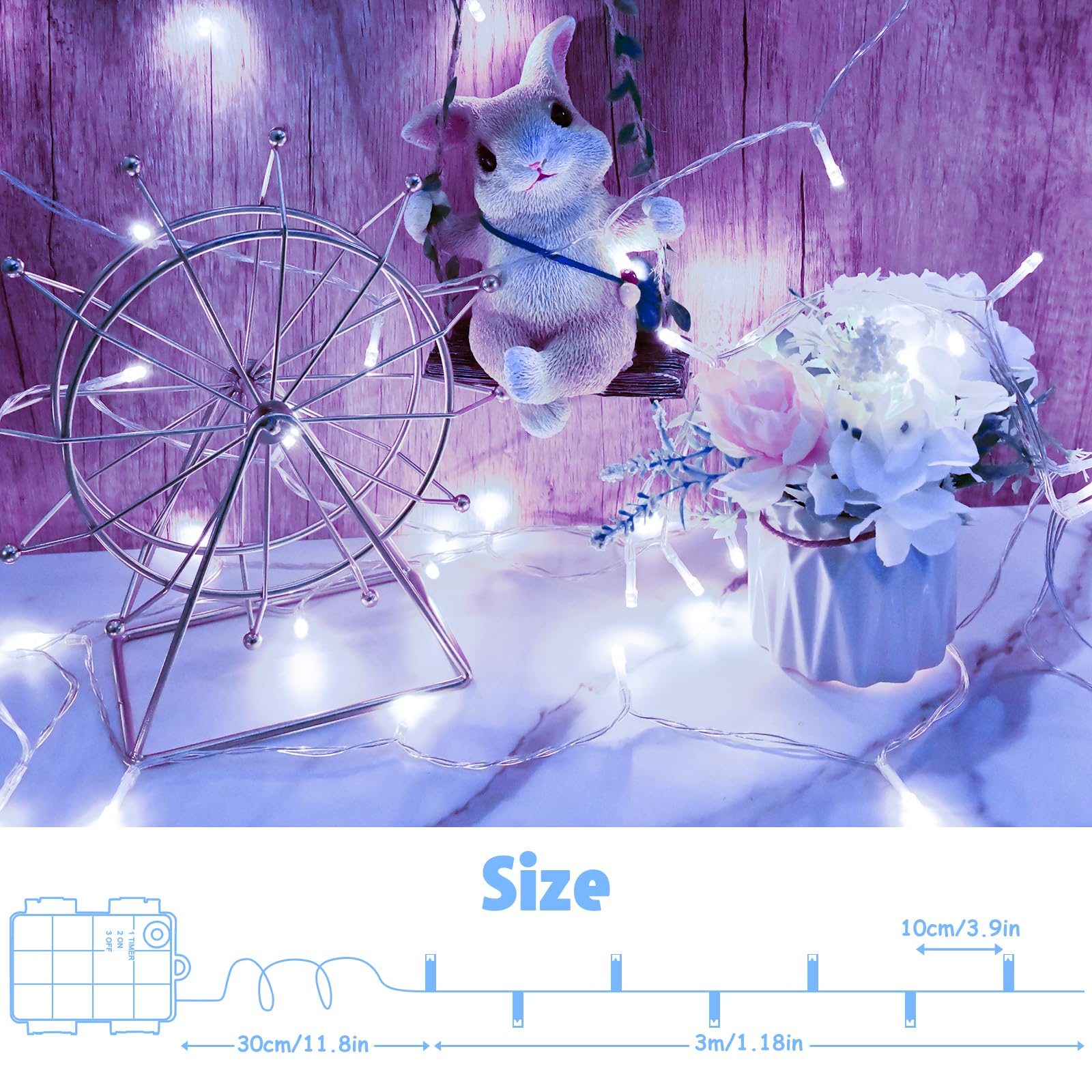 Cshare String Lights Outdoor Waterproof 9.8Ft 30 Led, Cool White Fairy Lights Battery Operated With Timer Clear Wire For Indoor