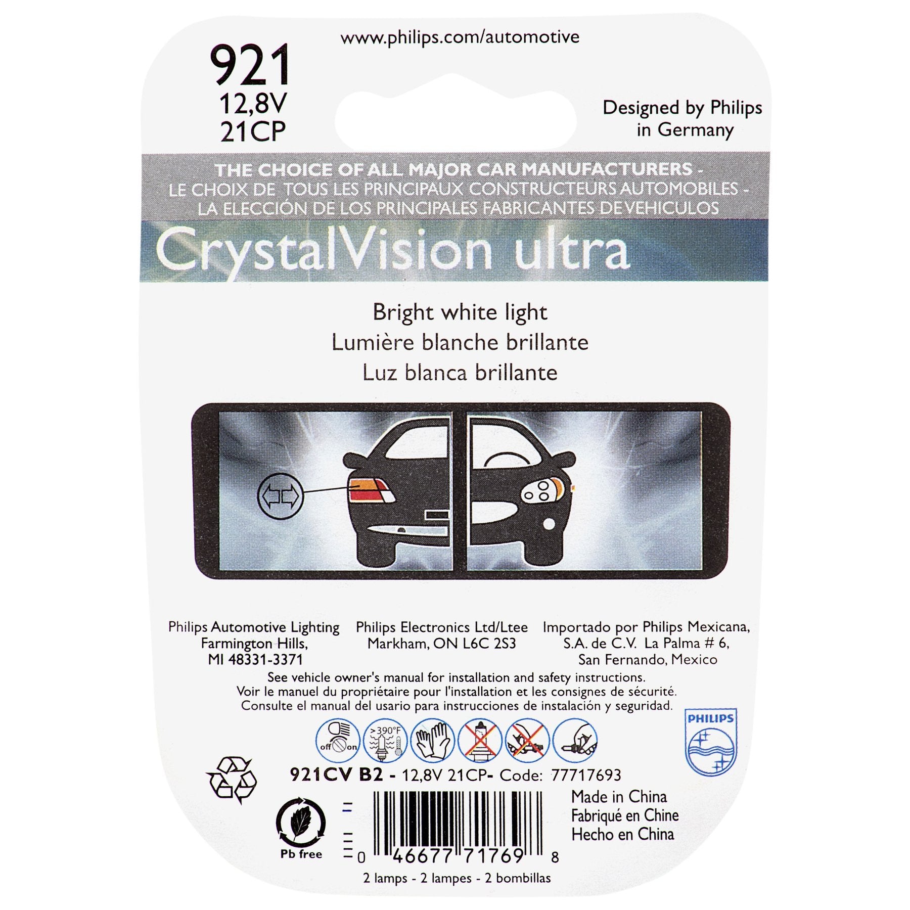Philips 921CVB2 CrystalVision Ultra Miniature Bulb, 2 Pack