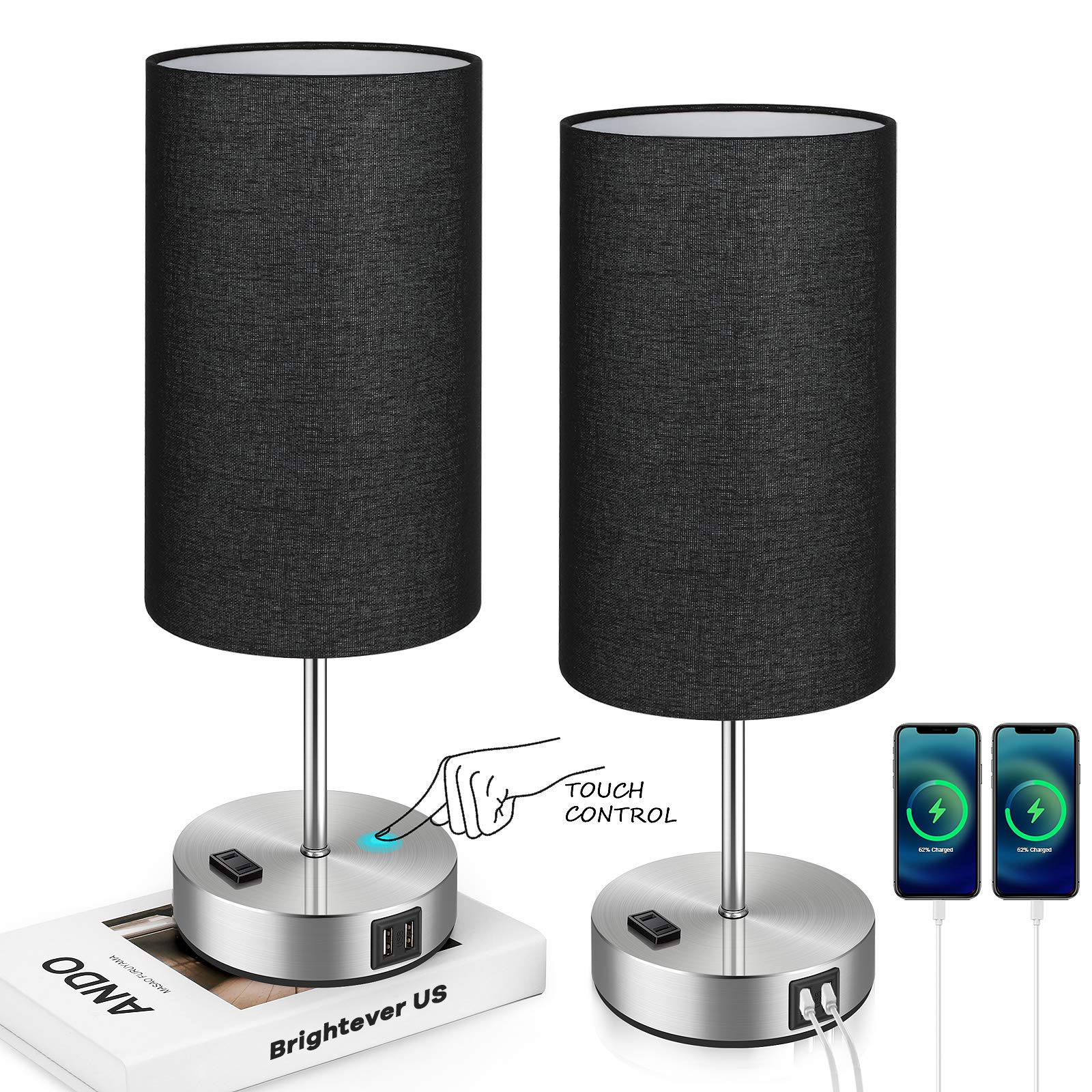 Black Touch Control Table Lamp Set Of 2, With 2 Usb Charging Ports&Ac Outlet, 3-Way Dimmable Bedside Nightstand Lamps With Fabri