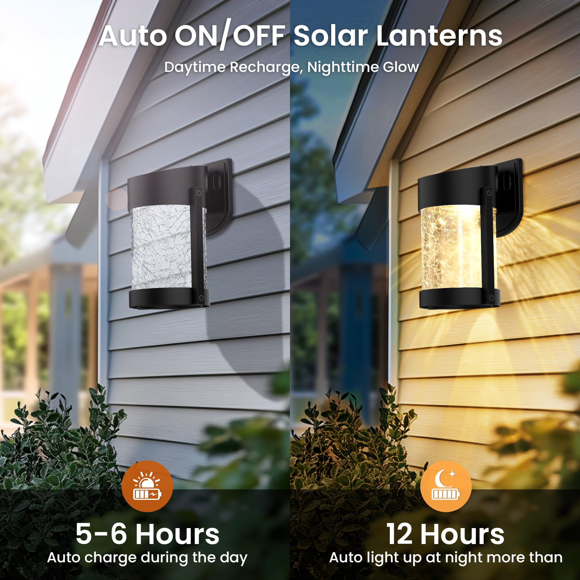 Pevoros 2 Pack Solar Wall Lights Outdoor, Ip65 Waterproof Wall Light For Porch, Fence, Shed, Barn, Patio, Glass Crackle Lampshad