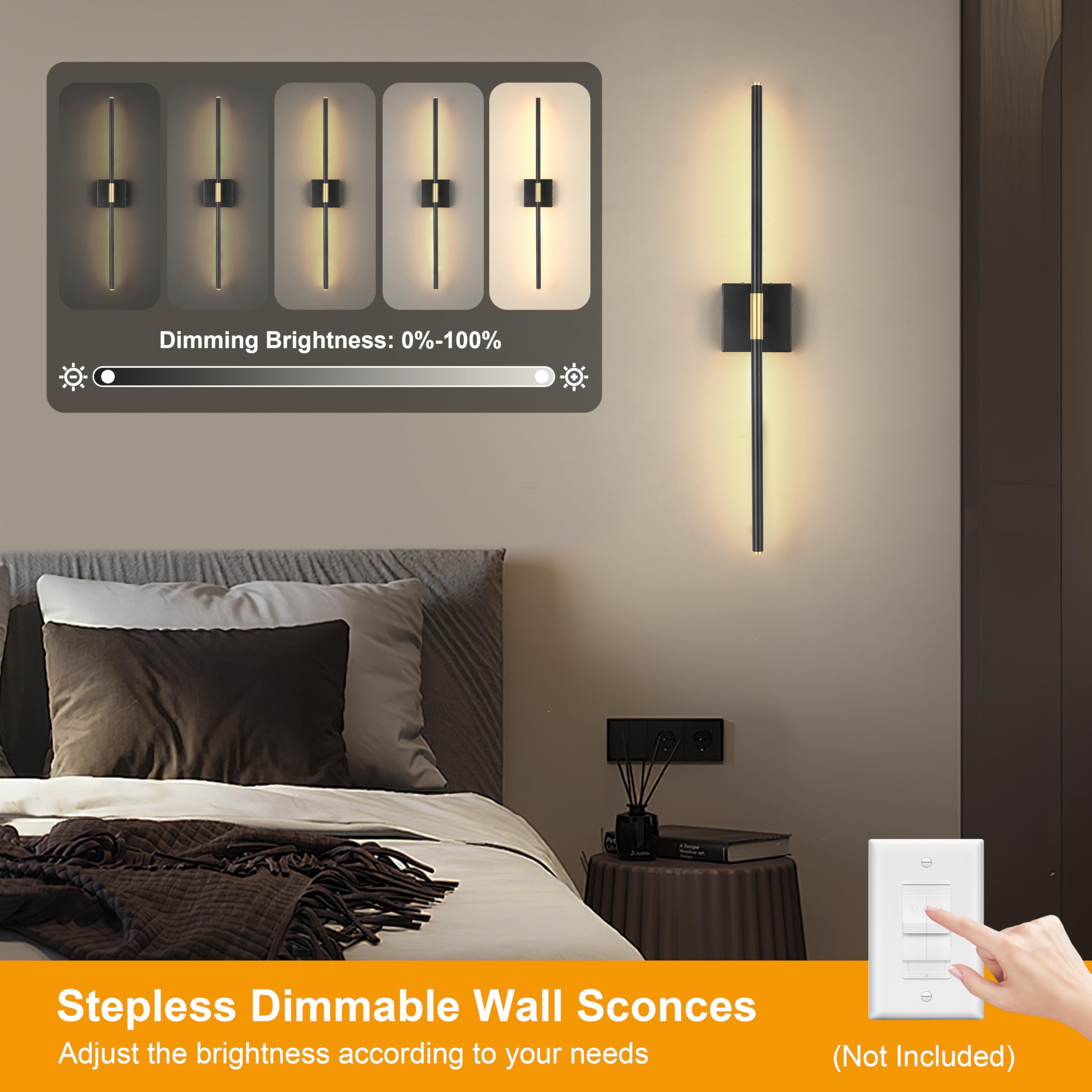 Morauroral Wall Sconces Set Of 2, Modern Hardwired Sconces Wall Decor, 24 Inch Dimmable Sconces Wall Lighting, Black Gold Wall L