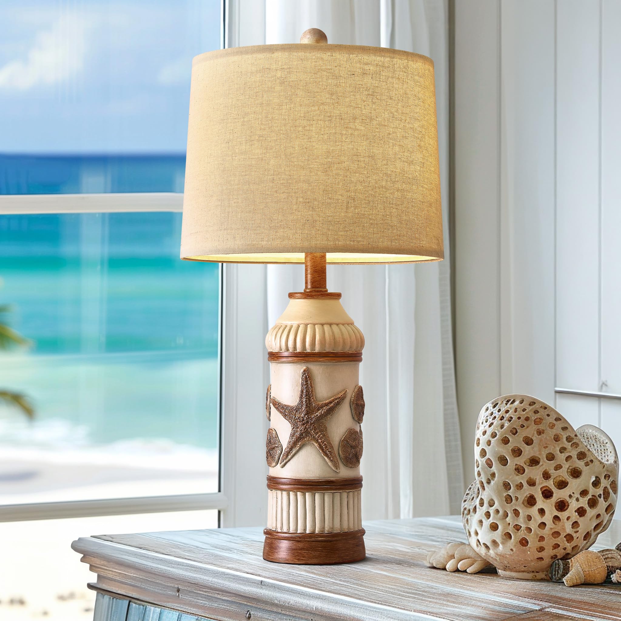 OYEARS 24 Table Lamp for Bedroom, Boho Table Lamp for Living Room, Bedside Nightstand Lamp, Coastal Nautical Lamp with Starfish 