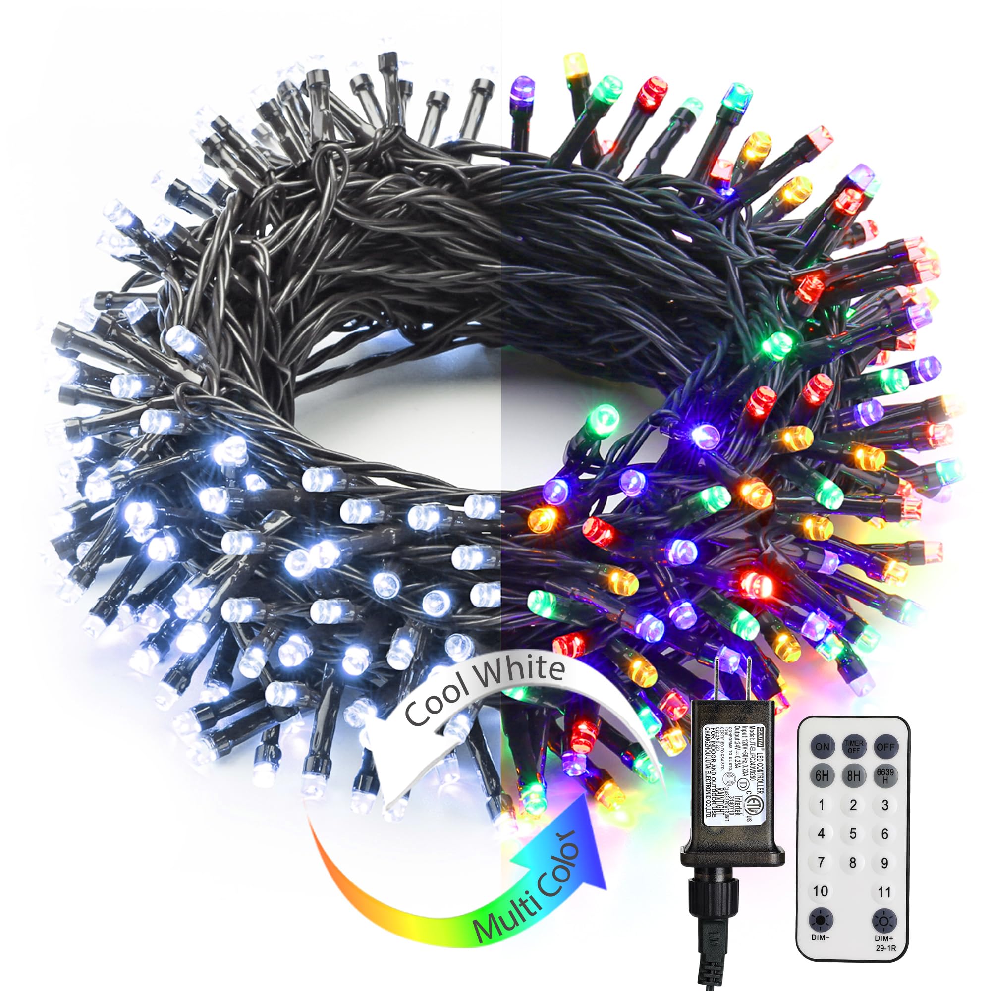 Brizled Color Changing Christmas Lights, 200 LED, 65.67ft, Cool White & Multicolor, 11 Modes, Remote Dimmable, Safe Adapter