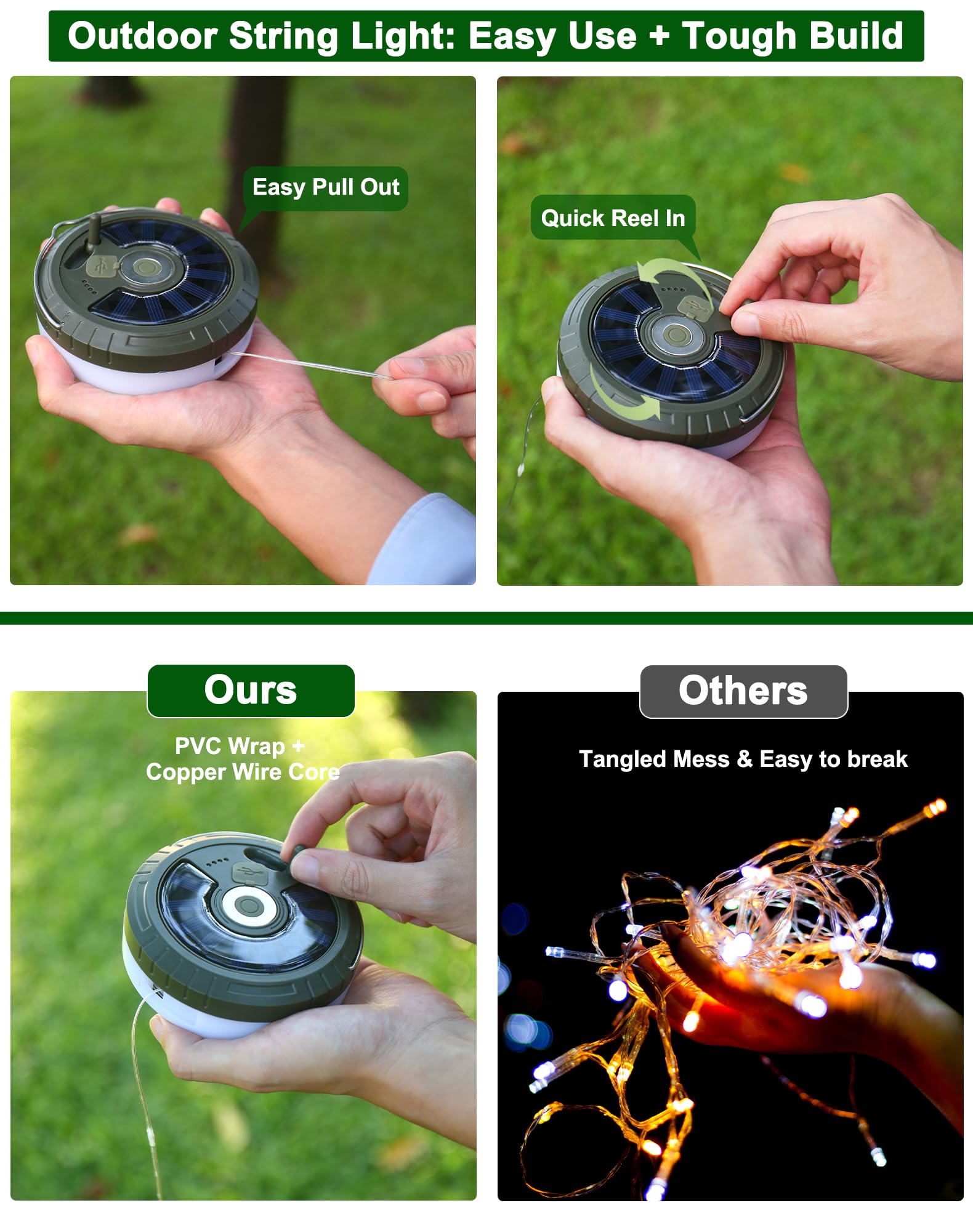 Toiysyy Solar String Lights, 32.8FT Waterproof Fairy Lights, 5 Modes, USB Rechargeable, Portable Green Tent Lights, Model MH-0518