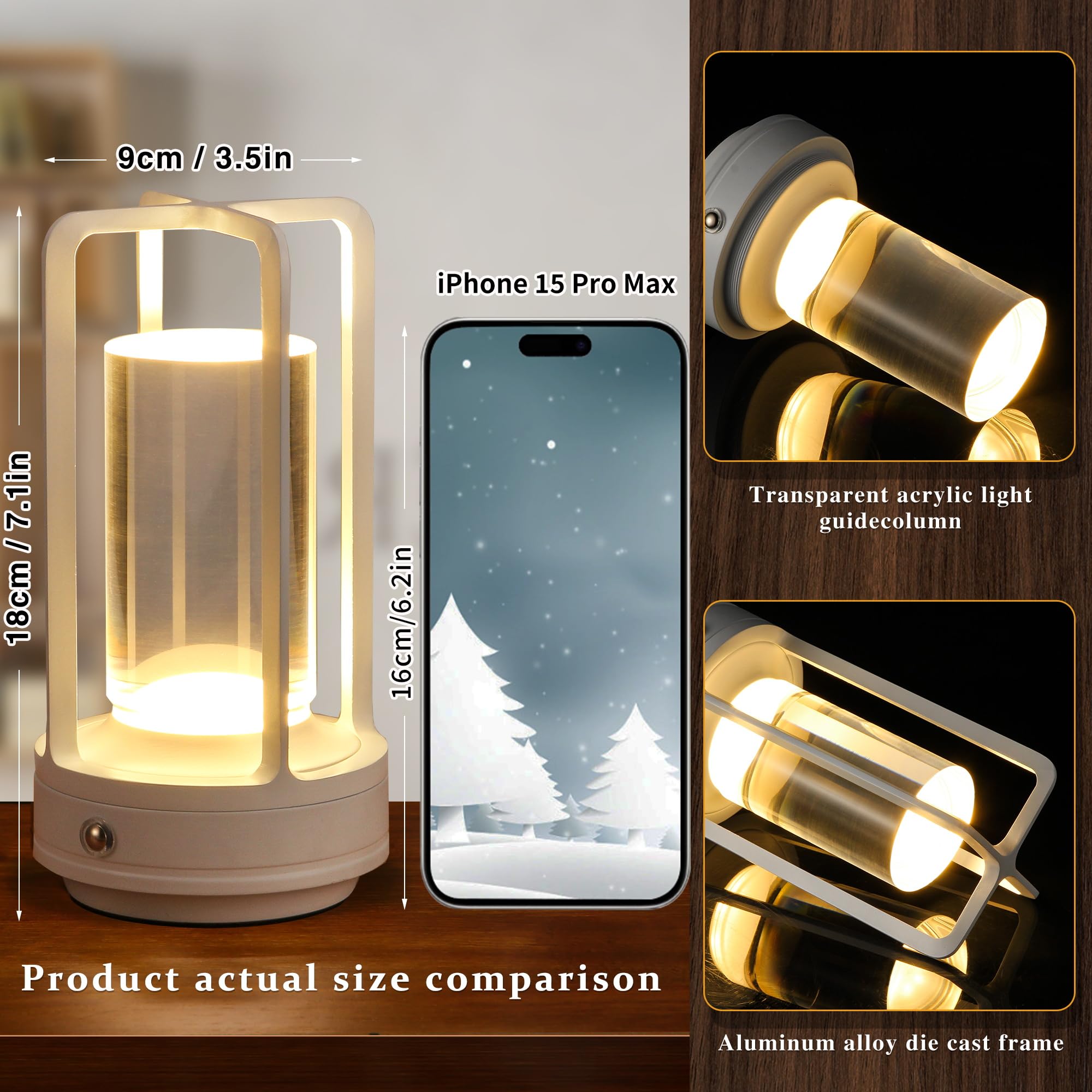 Anxingtools Portable Metal Table Lamp, Cordless LED, Rechargeable, 3.54inD x 3.54inW x 6.89inH, White, Model AN-LED-02