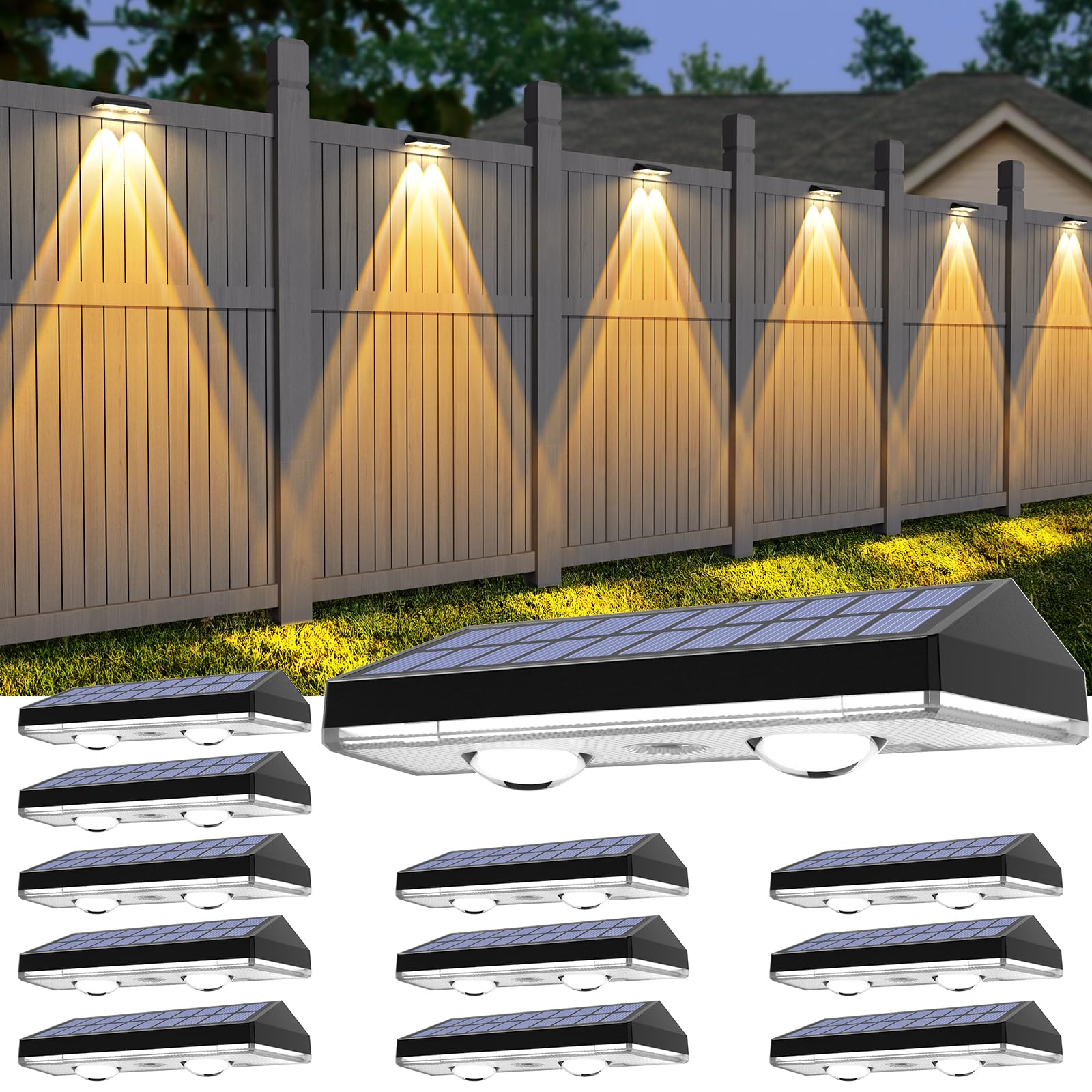 Solar Fence Lights ,Warm White & Cold White & Mixed Color 3 Modes Bright Lens Led Dusk To Dawn Deck Light, Fence Solar Lights Outdoor Waterproof,Solar Outdoor Lights For Backyard/Railing/Wall (12Pack)