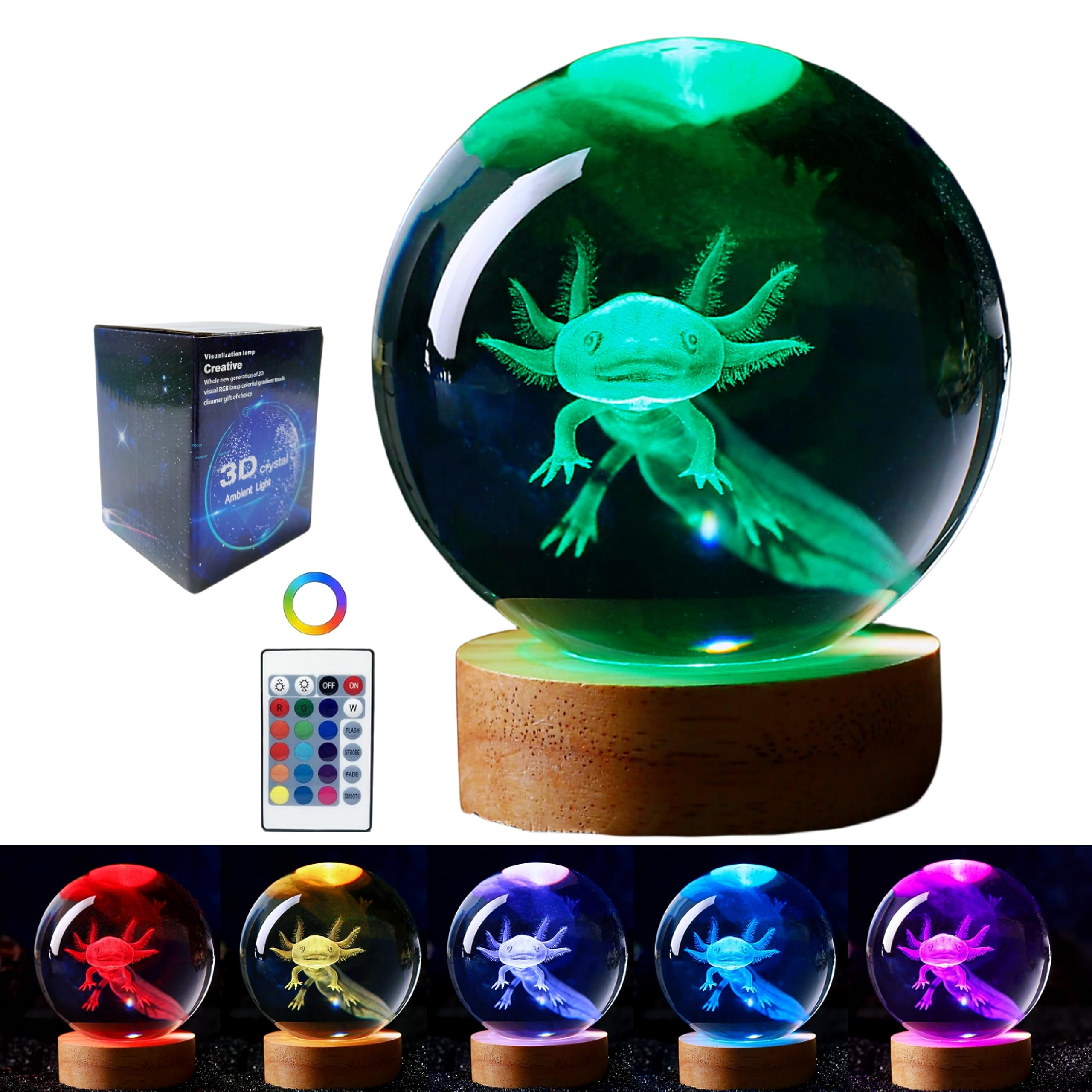 DIGFPWT 3.15 inch Axolotl Crystal Ball Lamp, 3D K9 Crystal Night Light with Wooden Base, 16 Color Change Remote, Clear Glass Bal