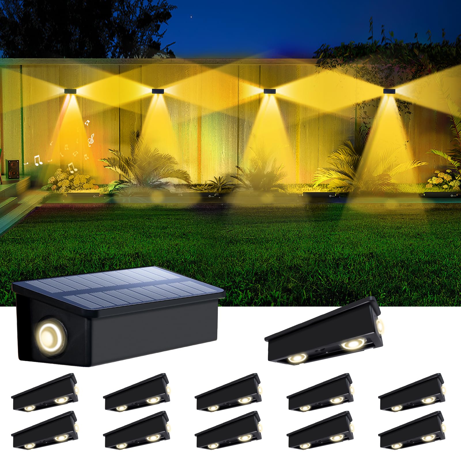POLIGHTY 12 Pack 3-Side Solar Fence Lights Outdoor Waterproof with Warm White LED Spot Lens  for Wall  Deck  Patio  Yard  Rail  Garage  Pool  Designed for Enhanced Security  Easy Install