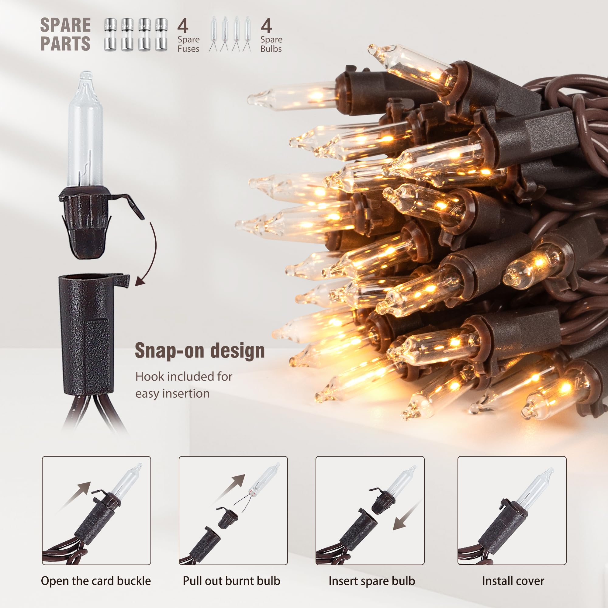 Youngar 13Ft 50 Clear Christmas Lights Outdoor, Ul Approved Christmas Tree Lights With Brown Wire, Incandescent Mini Lights Plug