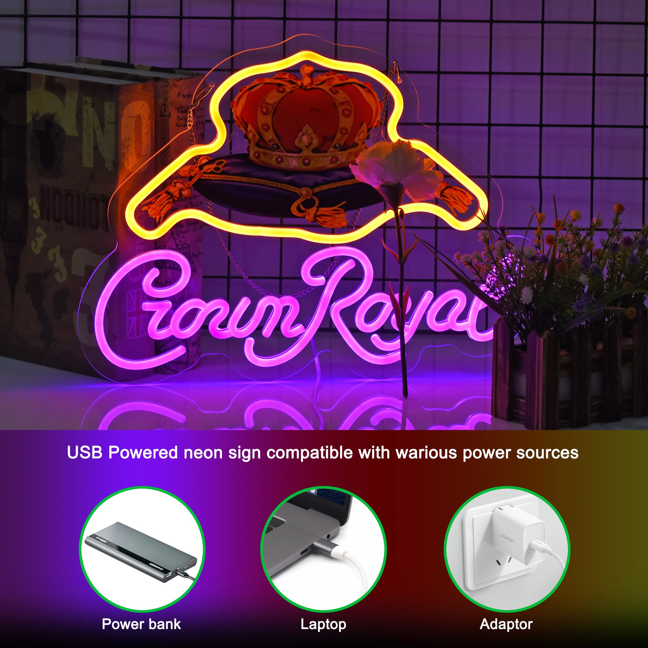 Yooyneon LED Neon Sign Crown Art Wall Décor Light, 17x13 inches, Yellow+Purple, Dimmer for Home Bar and Man Cave