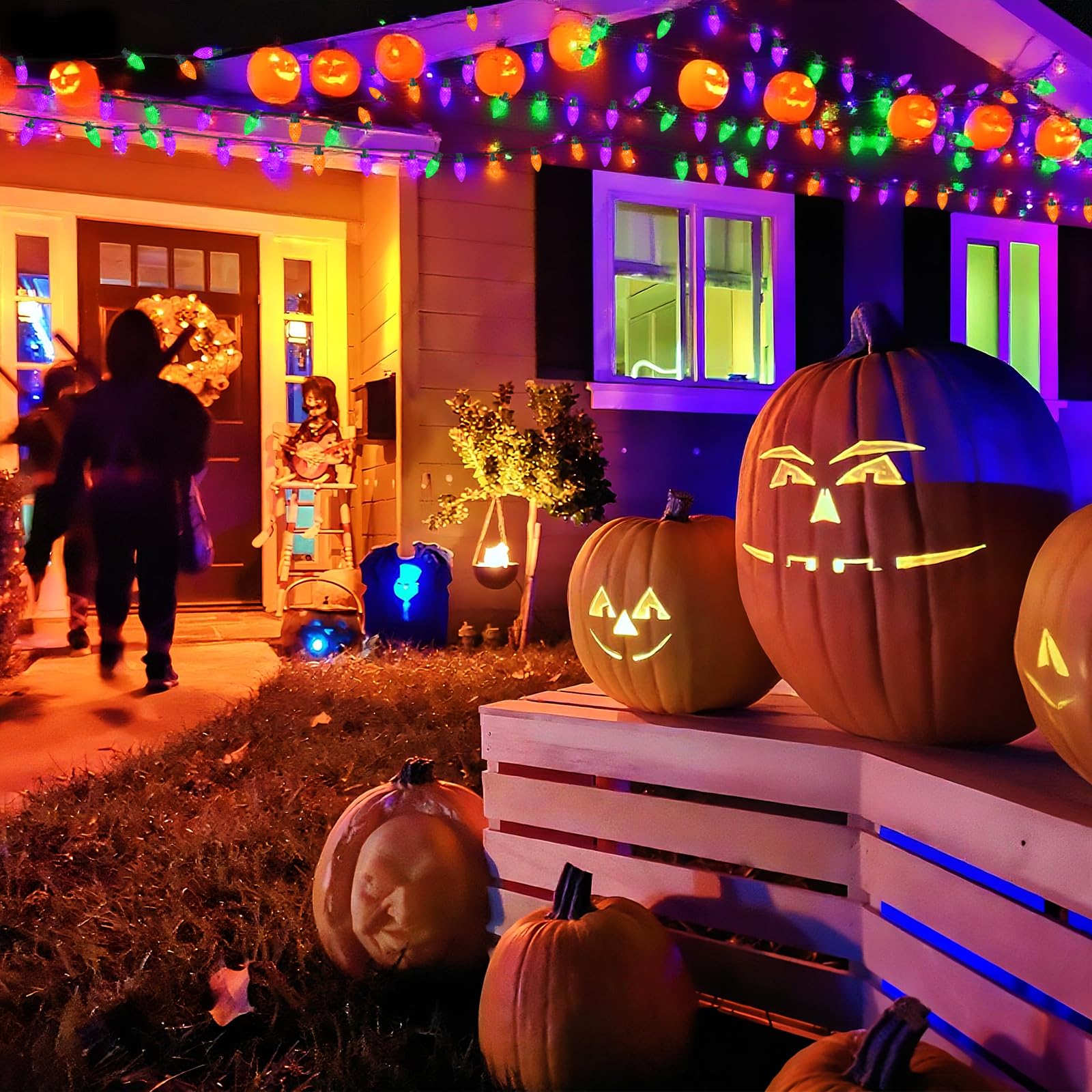 KAQ 100LED C9 Halloween Lights - Waterproof 98FT String Lights, Orange Purple & Green, 13 Modes, Indoor Outdoor Decor