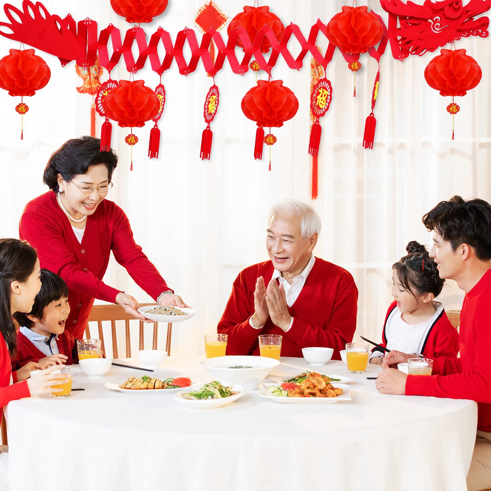 Whaline 3D Chinese New Year Dragon Ceiling Decorations 21Pcs Spring Festival Dragon Garland With Paper Lanterns Hanging Decoration For Lunar New Year Lantern Festival Party Restaurant Supplies