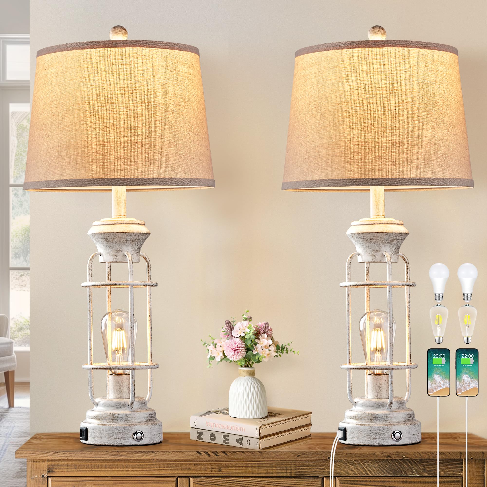BZZMMB Farmhouse Lamps Set of 2  28.5 Touch Lamps for Nightstand with USB C+A Ports  LED Bulbs Included