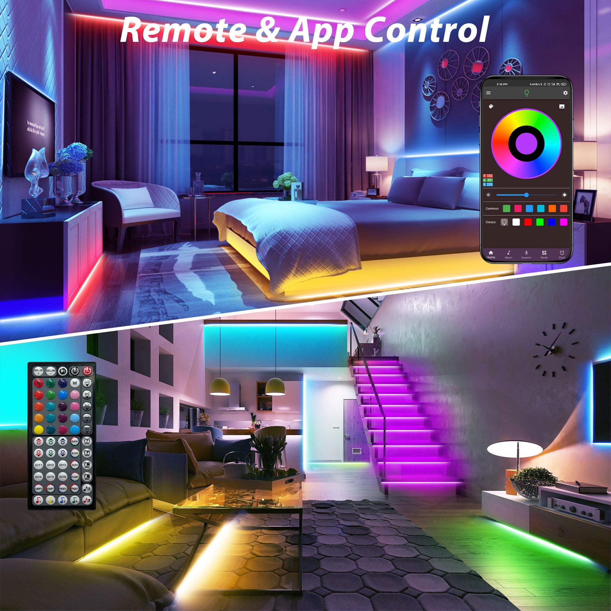 Ledagic Led Lights For Bedroom 130Ft (2 Rolls * 65Ft) Music Sync Color Changing Led Strip Lights With 60 Key Remote And App Control Rgb Led Light Strip For Home Party Room Decoration