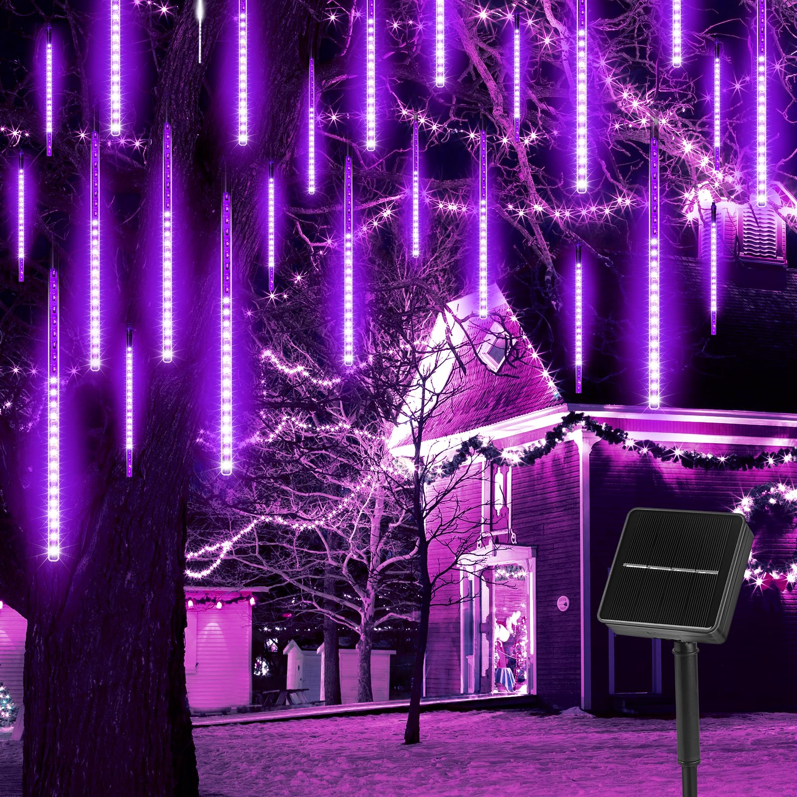 Minetom Halloween Lights Outdoor - 10 Tube 240 LED Solar Meteor Shower Rain Lights - Purple Solar Lights for Halloween Christmas