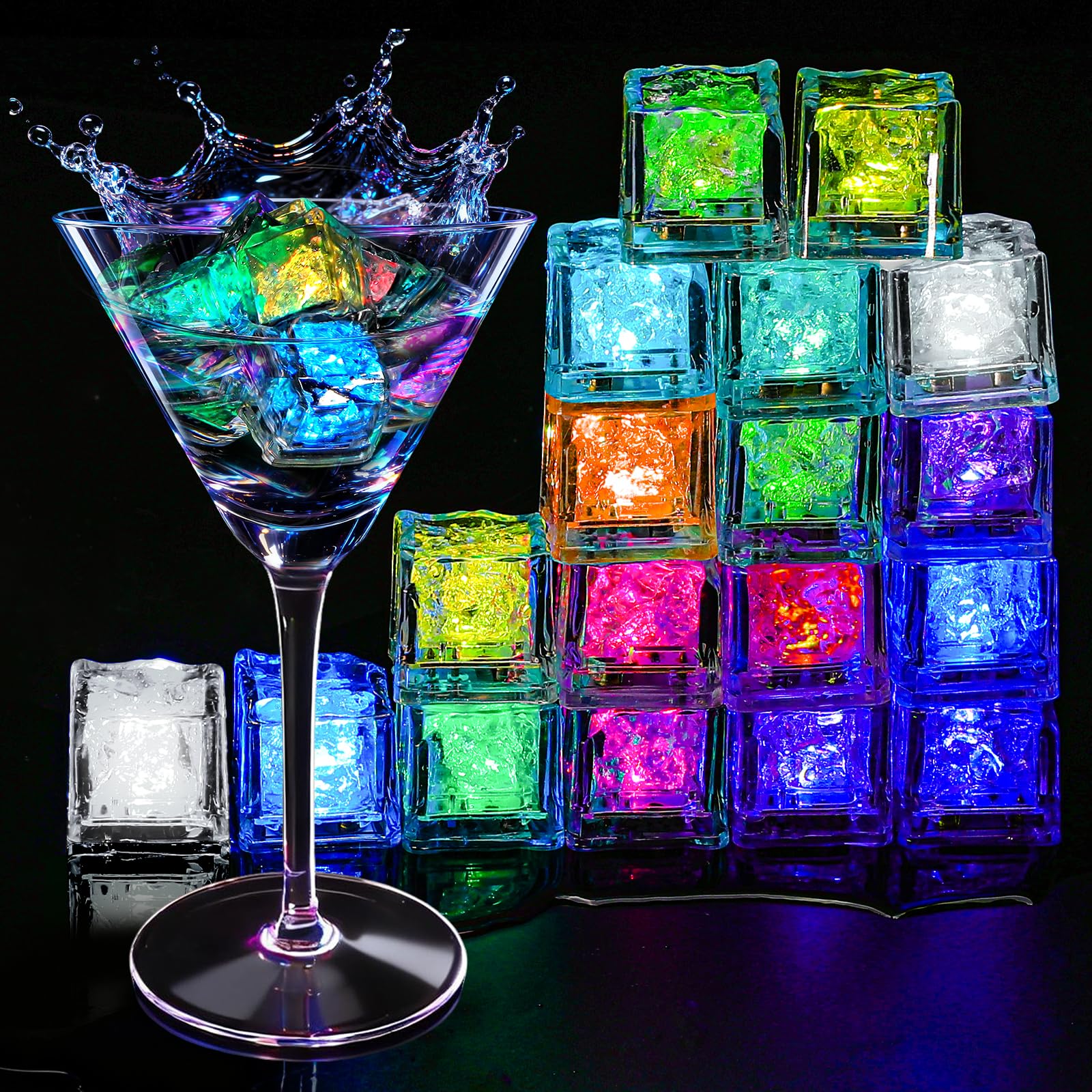 Light Up Ice Cubes  18 Pack Multi Color Led Ice Cubes for Drinks IP67 Waterproof Reusable Glowing Flashing Changing Lights Water Activated Drink Lights for Blends Christmas Party Bar Wedding