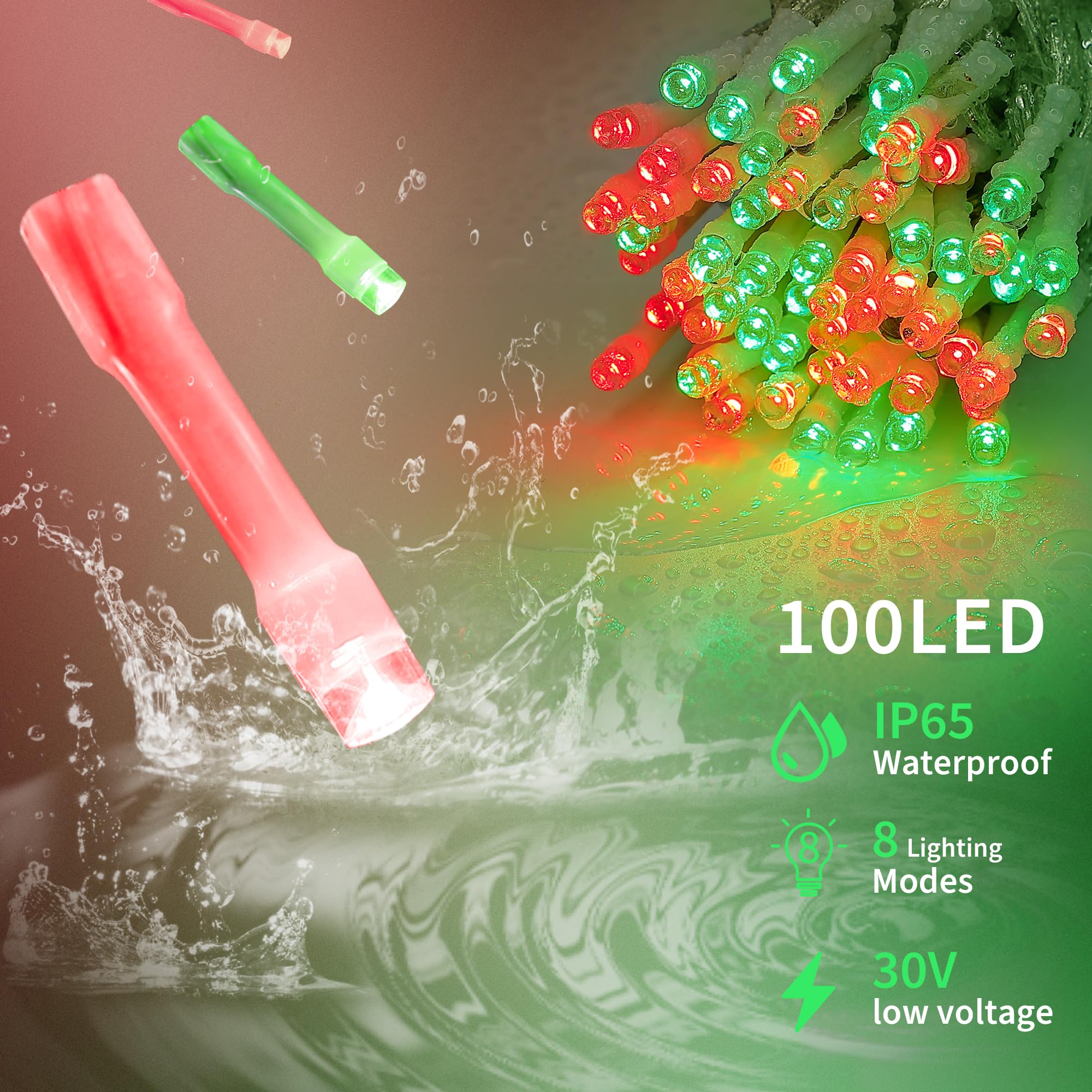Oopswow Red And Green String Lights, 33Ft 100 Led Christmas Lights Plug In,8 Modes Twinkle Fairy Lights Waterproof For Indoor Outdoor, Christmas Tree Lights For Holiday,Wedding Party,Xmas Decor