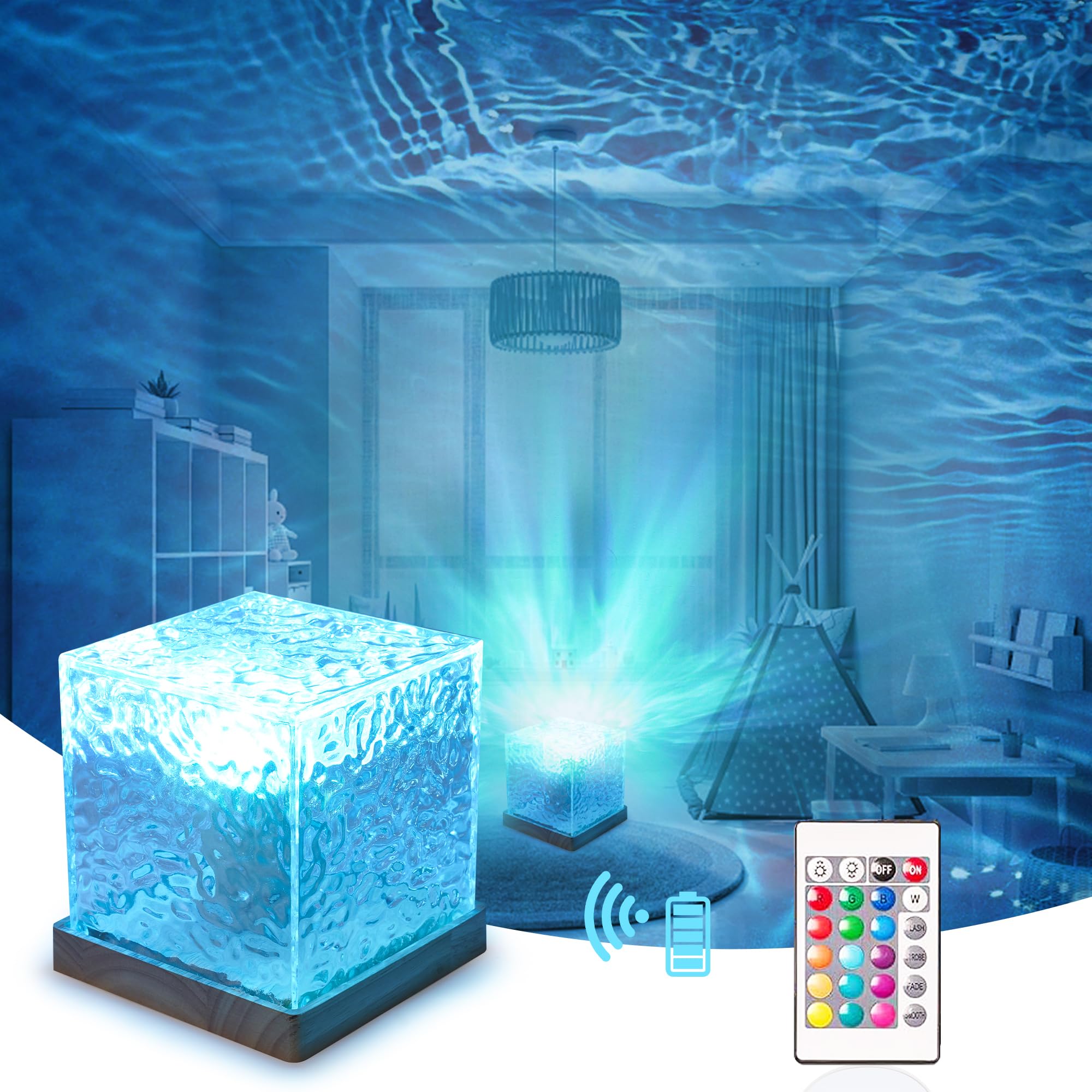 RICHMYC Ocean Wave Projector Light, 16 Colors, Remote Control, Acrylic, Model EVR01, Wood Color