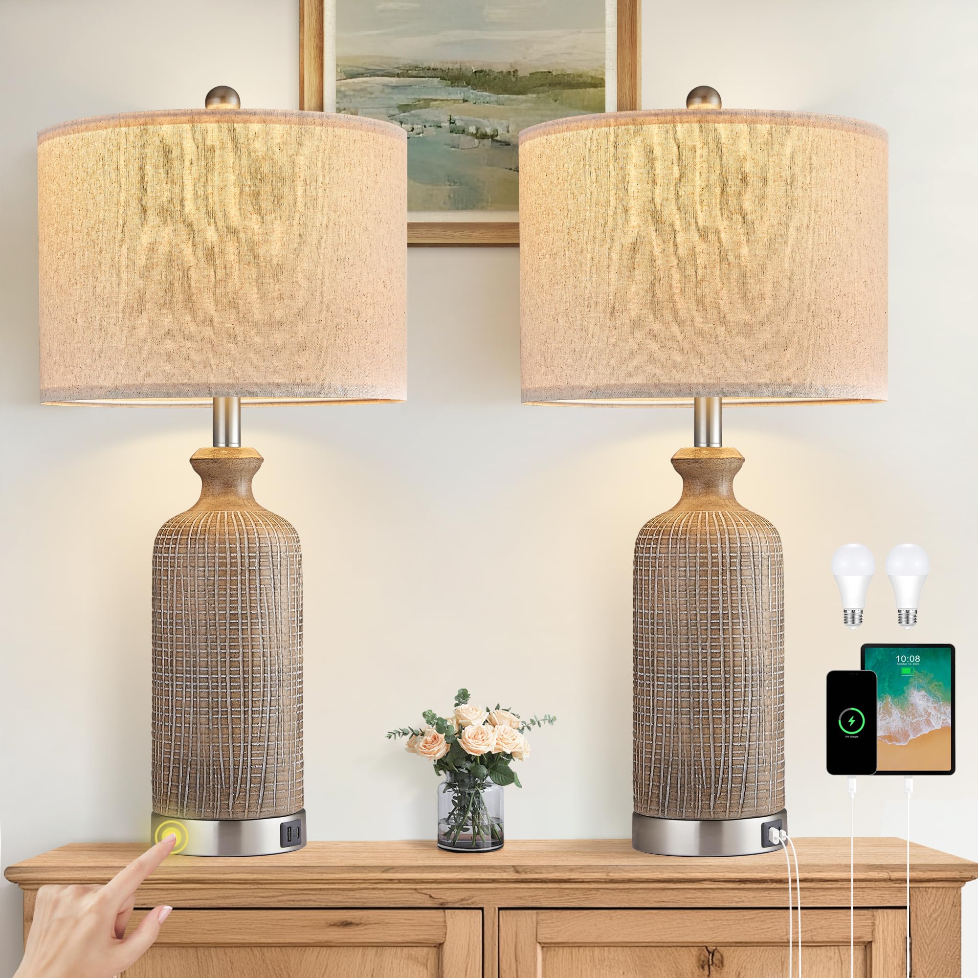 Ireliare Living Room Lamps Set of 2  27 Touch Lamps for Nightstand with USB A+C Ports  Modern Farmhouse Table Lamps for Bedroom  Wood Grain  Ceramic