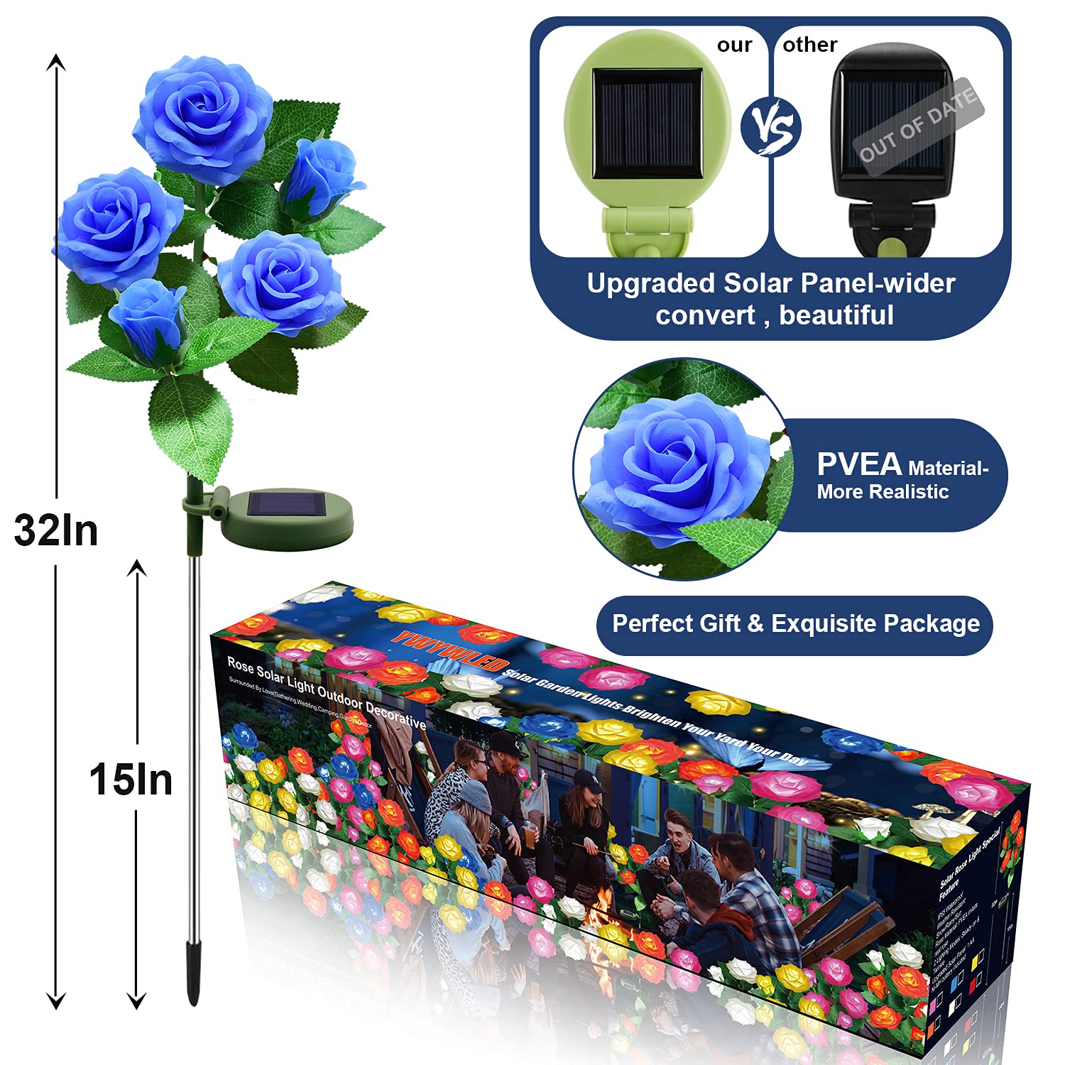Ywywled Solar Flower Lights - Waterproof Led Stake Lights With 5 Roses, Blue, 2 Pack