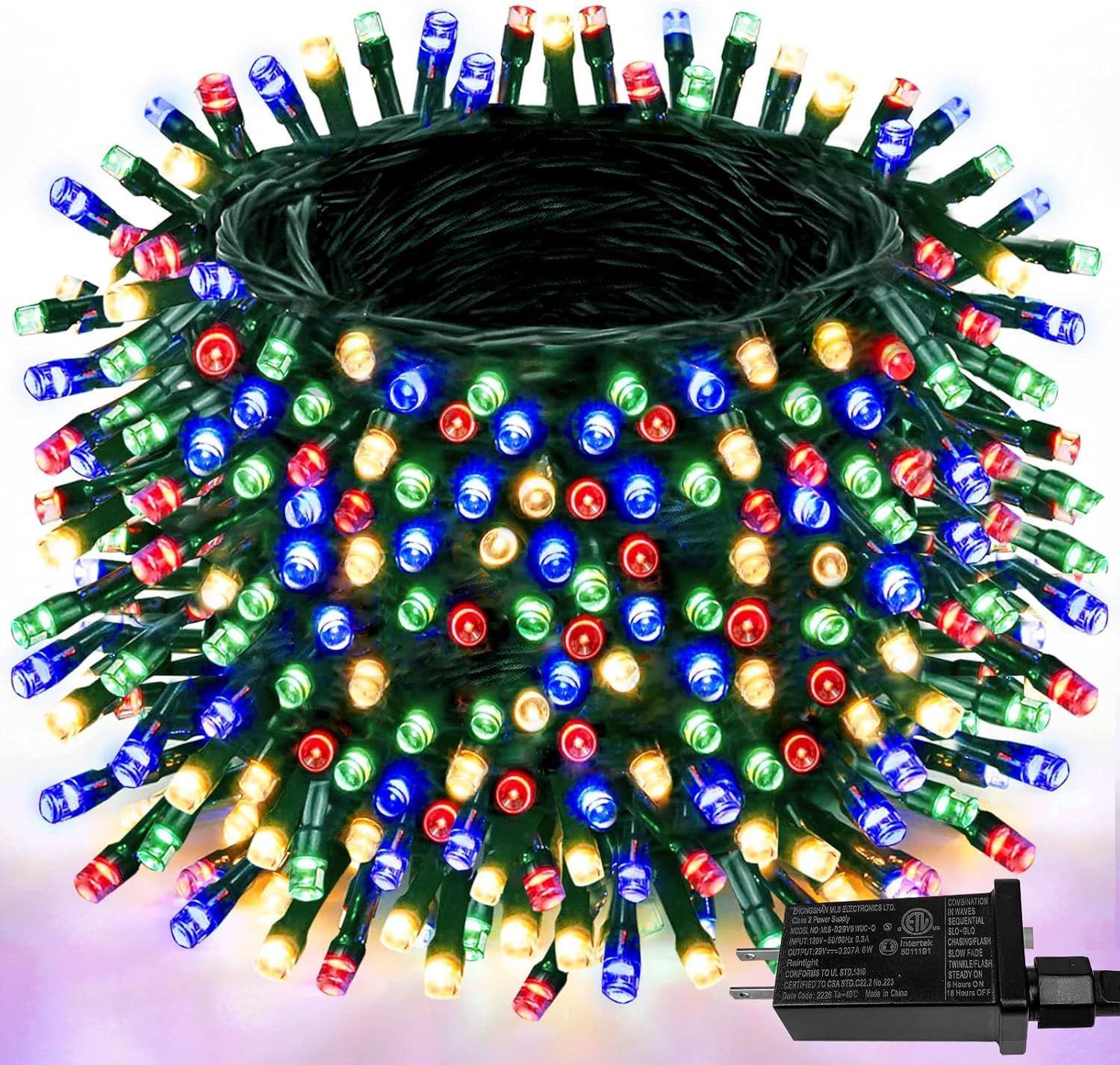YIQU 1000 LED Multicolored Christmas Lights, 330 FT Green Wire, Waterproof, 8 Modes, Indoor Outdoor Decor, Model GP-SW290DC0310-IP44