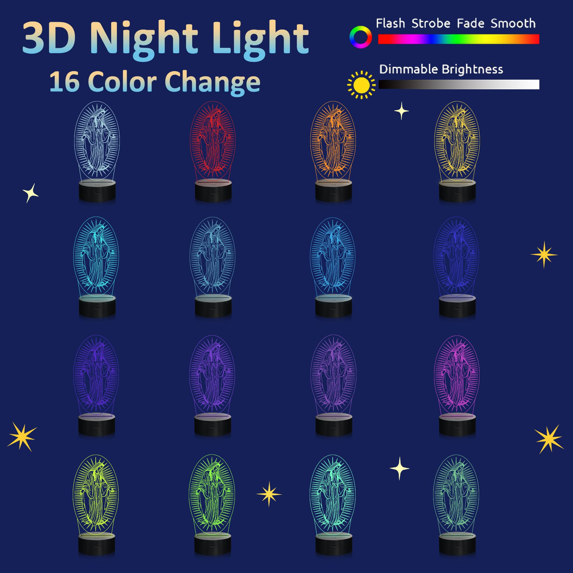 Attivolife Virgin Mary Gifts, 3D Our Lady Night Light Illusion Hologram Lamp 16 Color Changing With Remote Control + Timer, Led