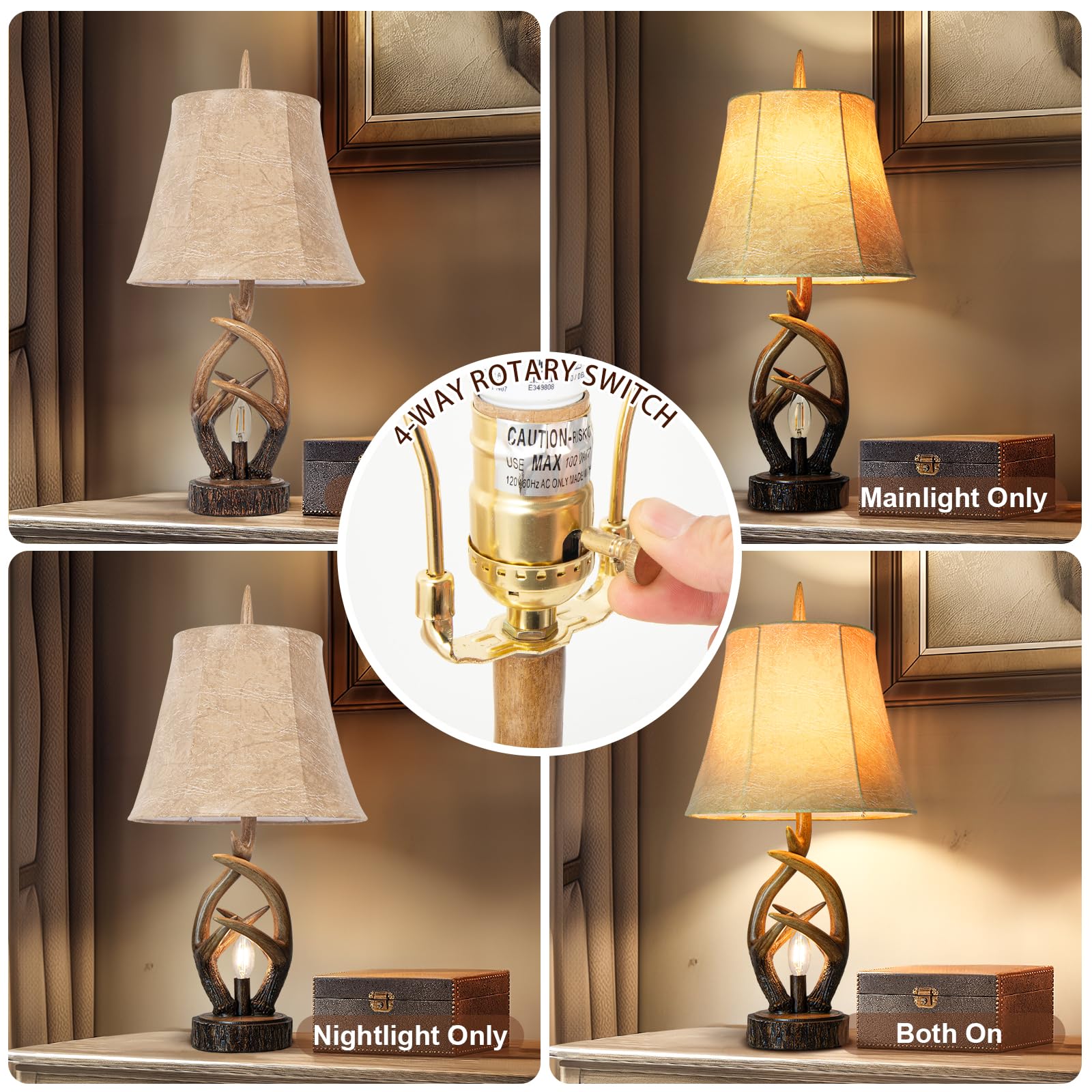 Scenekoy Rustic Farmhouse Antlers Bedside Table Lamp Set of 2, Brown Porcelain with Dual USB Ports, Model SL13