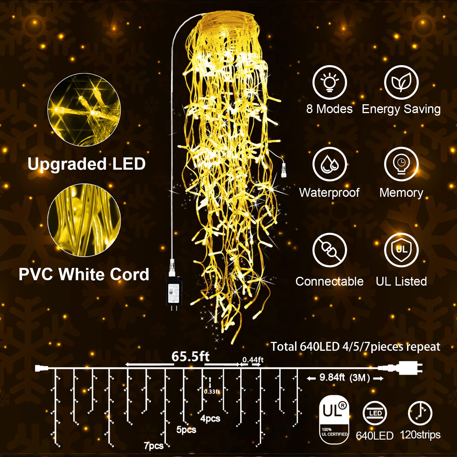 65 Ft 640 Led Christmas Lights Outdoor Decorations Clear Wire String Lights Plug In 120 Drops 8 Modes Memory Timer Connectable C