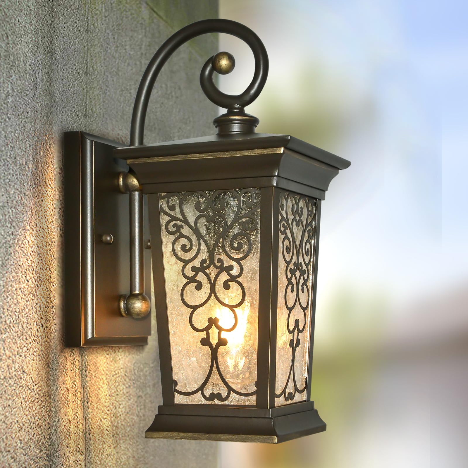 Alvime Outdoor Wall Lights, Waterproof Bronze Lantern, E26 Base, Seeded Glass For Entryway