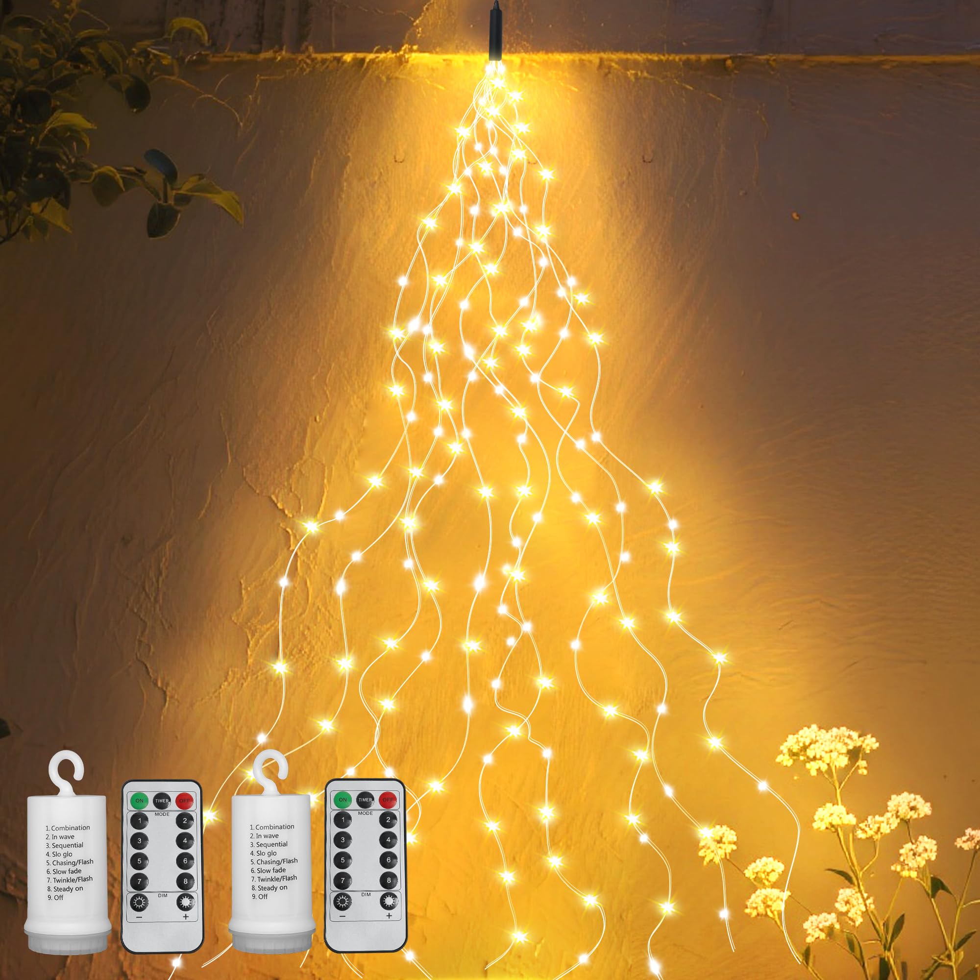 VOOKRY 2 Pack Battery Operated Fairy Lights with Timer  Waterproof Waterfall Flash Lights 8 Modes 10 Strands 200 LEDs Hanging Vine String Lights with Remote for Outdoor DIY Watering Can Lights