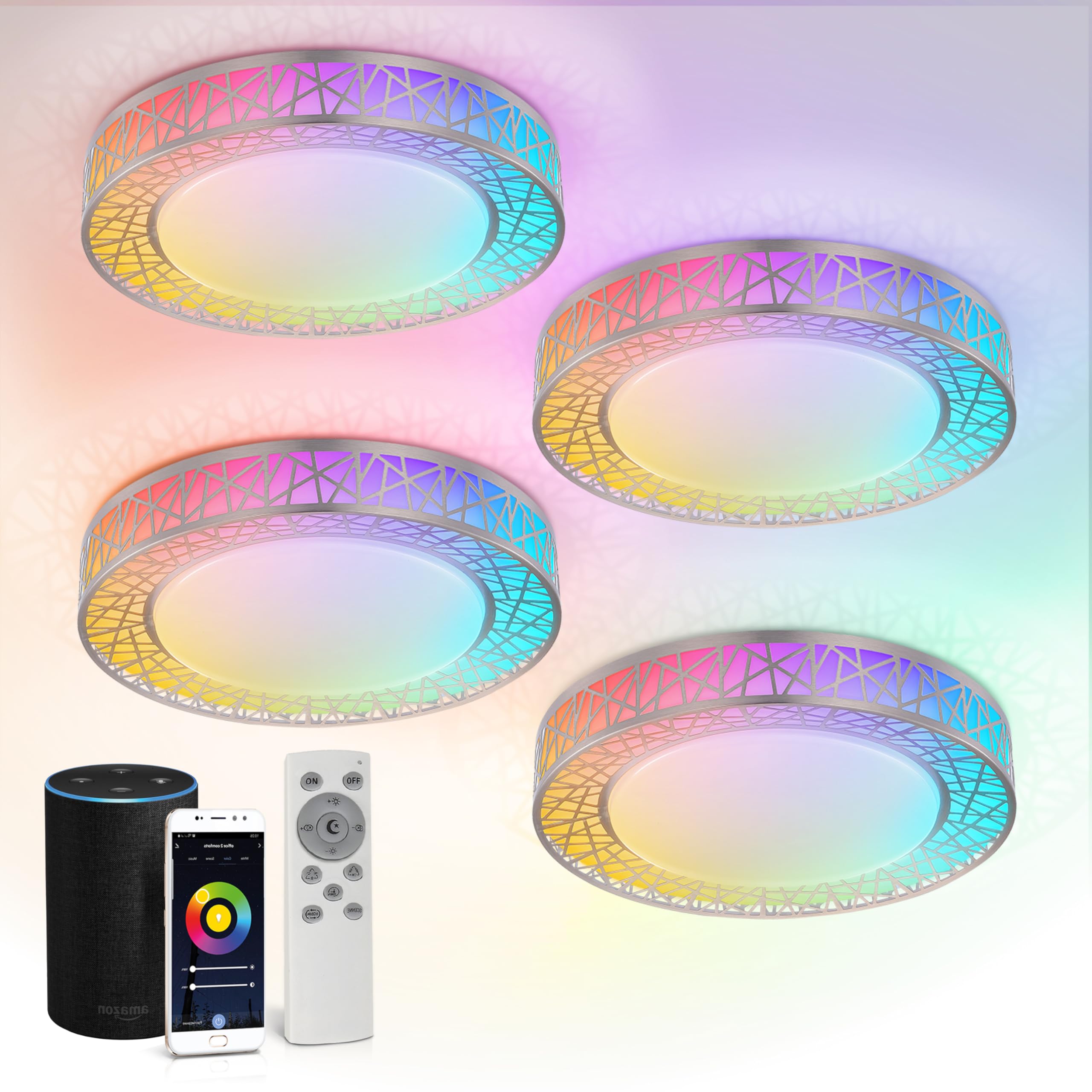 ASD 16 Inch Smart RGBW Ceiling Light - Dimmable, Remote Control, WiFi, Alexa & Google Assistant, Brushed Nickel, 4 Pack, Model A-LFM16D28