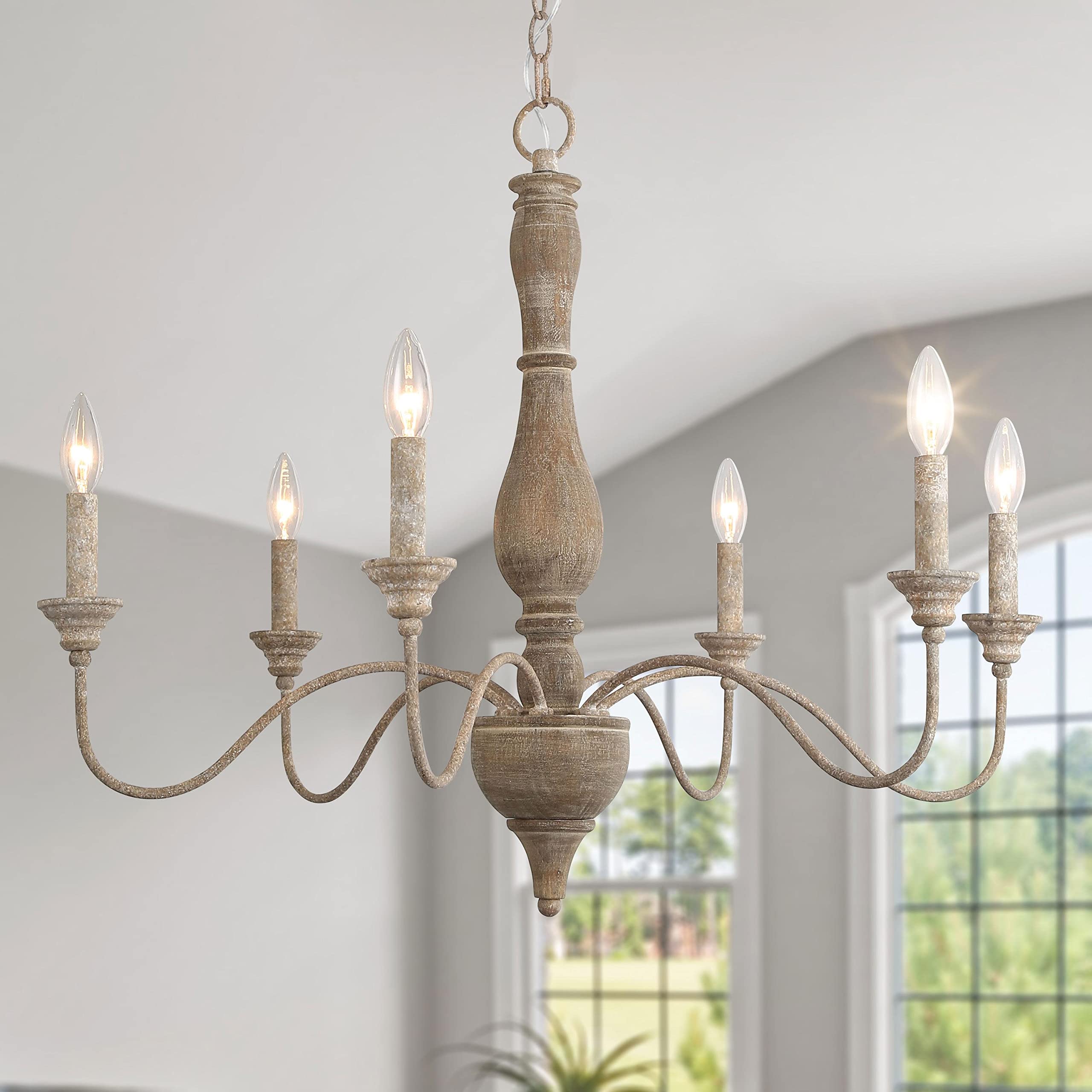 Gepow 6-Light Distressed Wood Chandelier, Farmhouse Ceiling Light For Dining Room & Kitchen