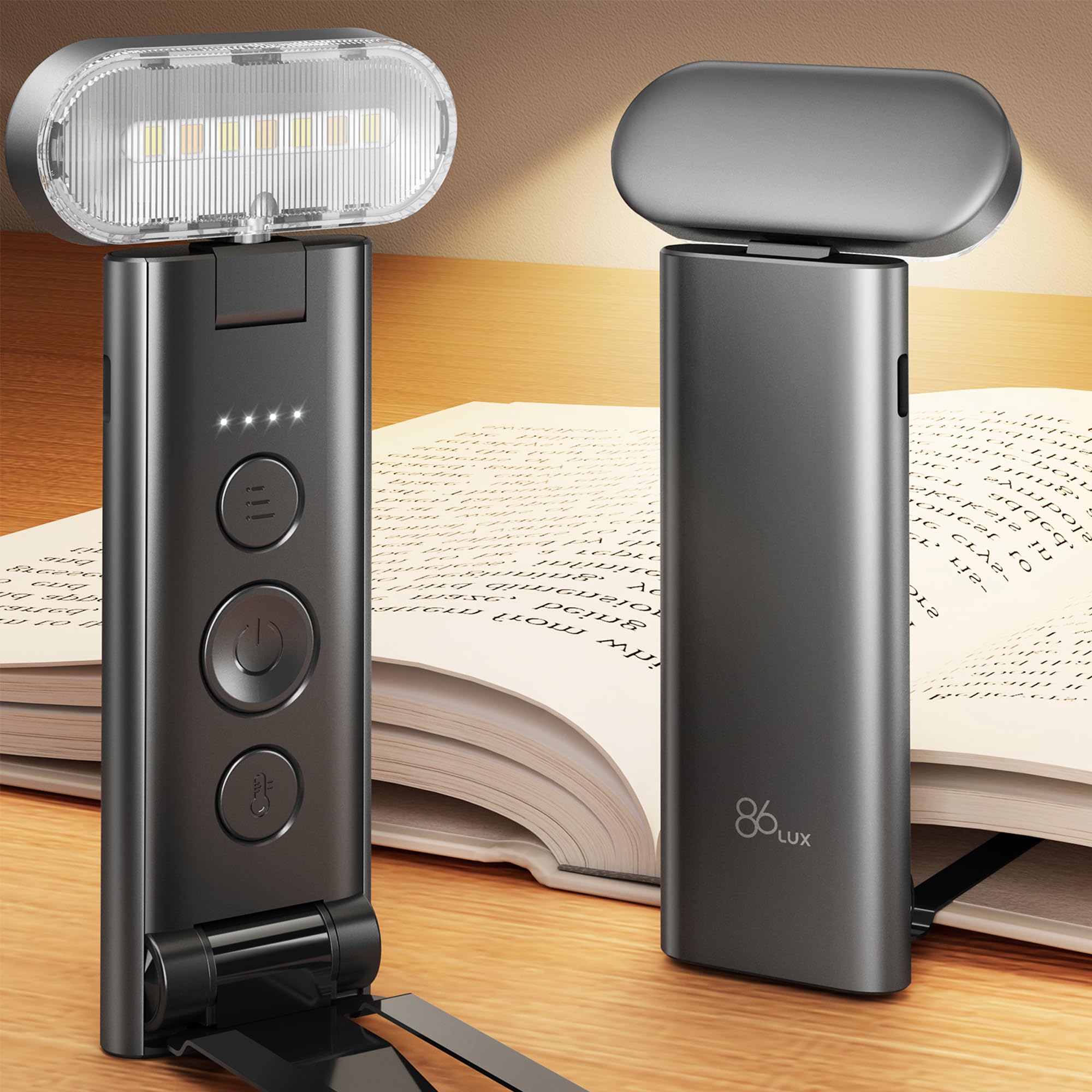 86lux Book Light, Reading Light for Book in Bed, USB Rechargeable LED Night Light with 3 Colors & Limitless Dimming, Aluminum Alloy Bookmark Light for Book Lovers,Technology Black