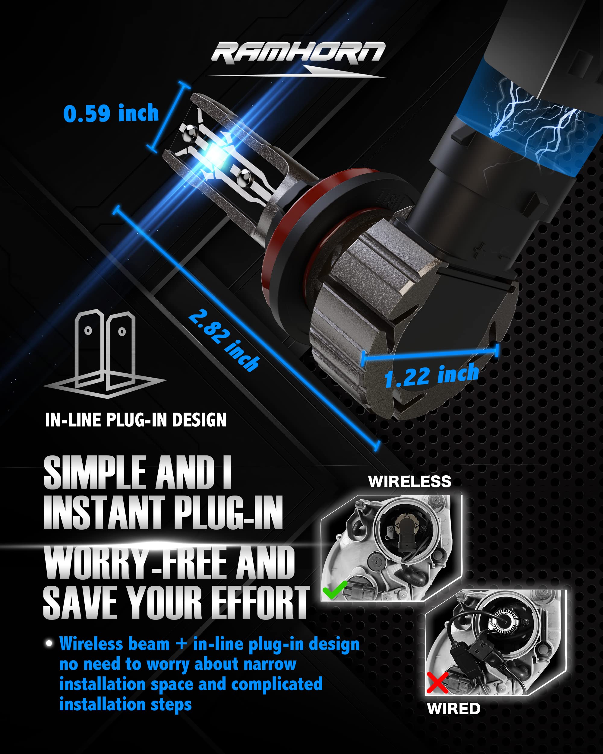 RAMHORN Light Bulbs Combo, 9005 H11, 6500K, 300% Brightness, Pack of 4
