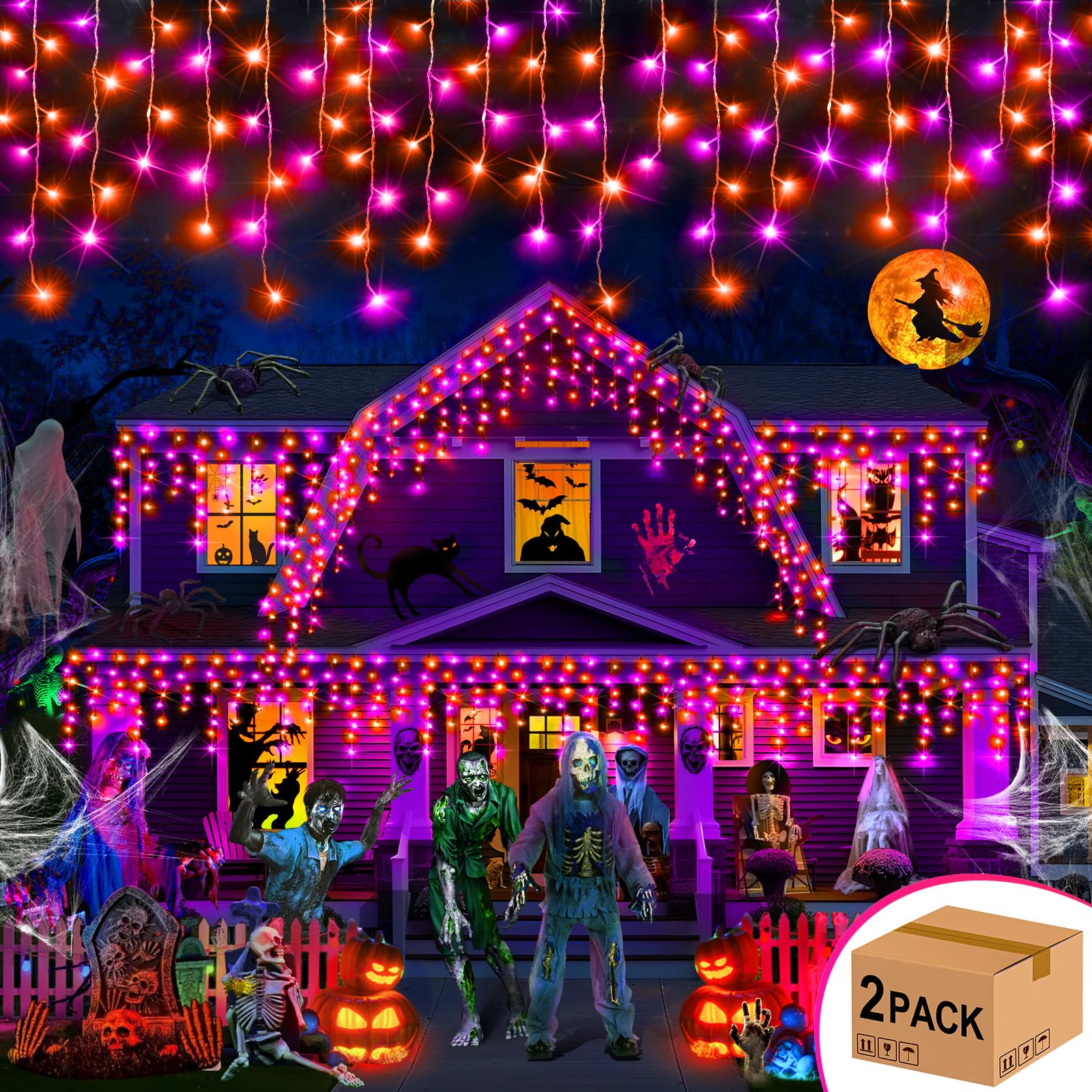Hezbjiti 2Pack Total 800LED Halloween Lights Purple Orange Icicle Lights 32.8FT Halloween String Lights Outdoor Decoration 8 Mod